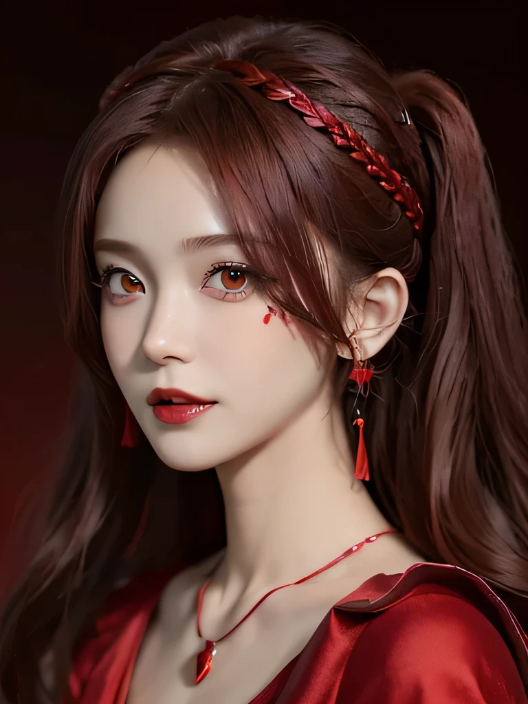 (in the dark:1.6), 1 girl, in the dark, deep shadow, secret key,cowboy shot,(formal wear:1.4) ,long wavy hair,redhead,clavicle、flame background、redhead、red background、red spirit clothes、earrings、necklace、red tattoo、red eyes、she is a spirit、close up of face、red eyes、close up of face、red eyes、look up、red fairy costume、red headband、red eyes、Braid、bright red lipstick、Fire Devil、red eyes、redhead、red eyes、赤いflame background、bright red eyes、twin tails、smile、I can see small fangs、