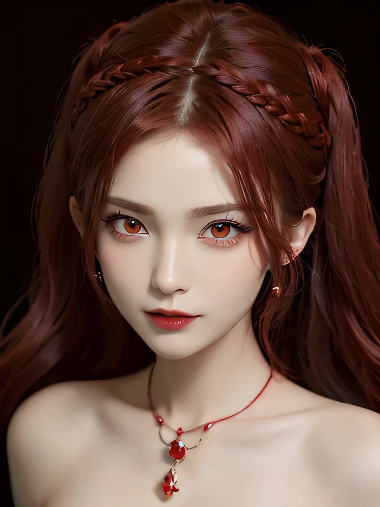 (in the dark:1.6), 1 girl, in the dark, deep shadow, secret key,cowboy shot,(formal wear:1.4) ,long wavy hair,redhead,clavicle、flame background、redhead、red background、red spirit clothes、earrings、necklace、red tattoo、red eyes、she is a spirit、close up of face、red eyes、close up of face、red eyes、look up、red fairy costume、red headband、red eyes、Braid、bright red lipstick、Fire Devil、red eyes、redhead、red eyes、赤いflame background、bright red eyes、twin tails、smile、I can see small fangs、