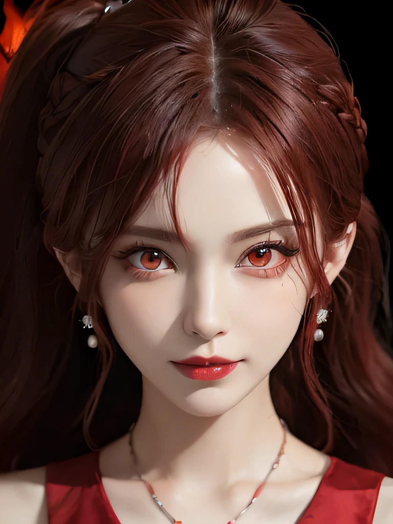 (in the dark:1.6), 1 girl, in the dark, deep shadow, secret key,cowboy shot,(formal wear:1.4) ,long wavy hair,redhead,clavicle、flame background、redhead、red background、red spirit clothes、earrings、necklace、red tattoo、red eyes、she is a spirit、close up of face、red eyes、close up of face、red eyes、look up、red fairy costume、red headband、red eyes、Braid、bright red lipstick、Fire Devil、red eyes、redhead、red eyes、赤いflame background、bright red eyes、twin tails、smile、I can see small fangs、