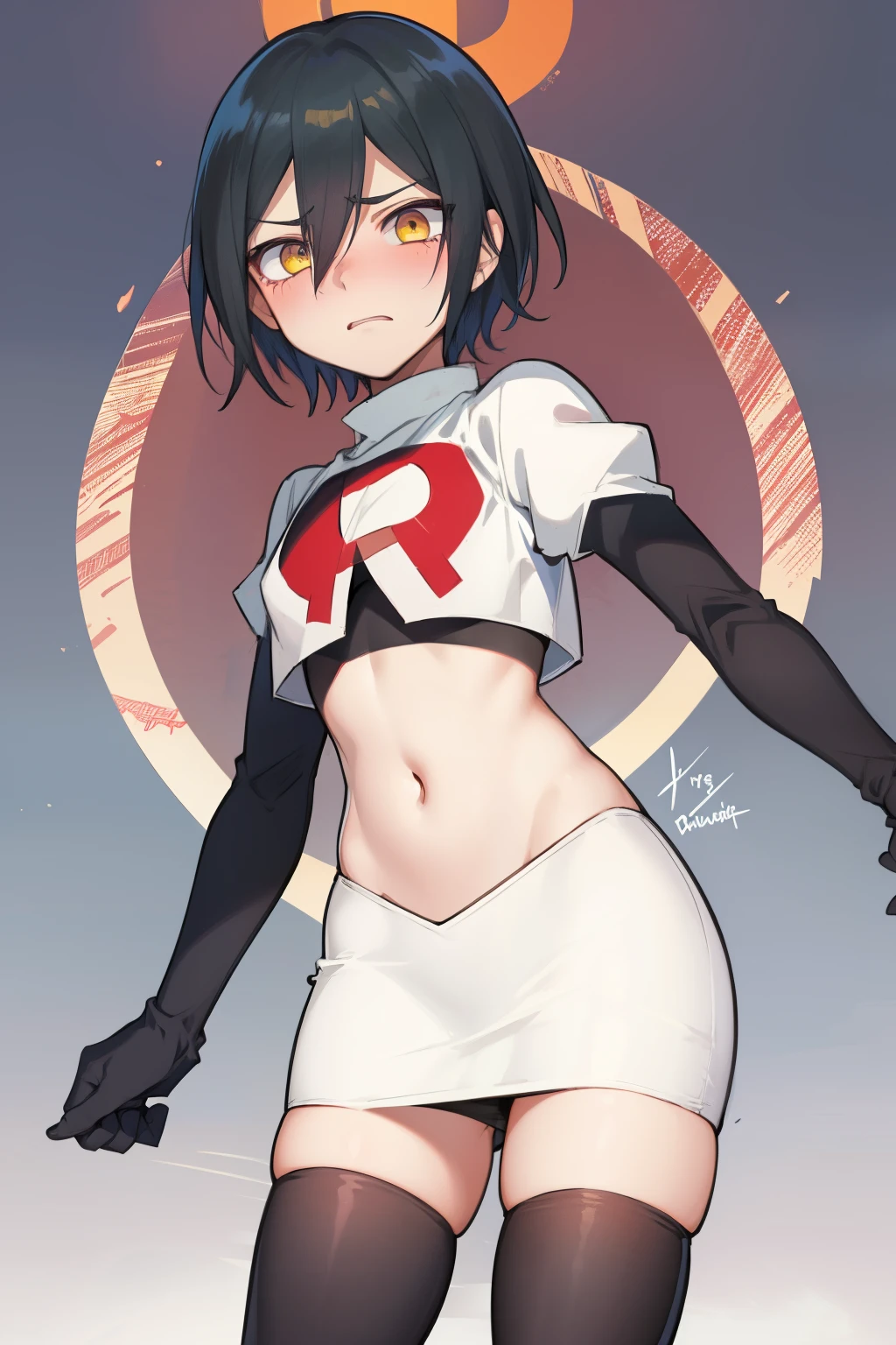 absurdres, cowboy shot, solo, male focus, trap, 1boy, crossdressing,1boy, saihara shuichi, yellow eyes,looking at viewer, team rocket,team rocket uniform,white skirt,red letter R,crop top,black thigh-highs,black elbow gloves, embarrassed, blush