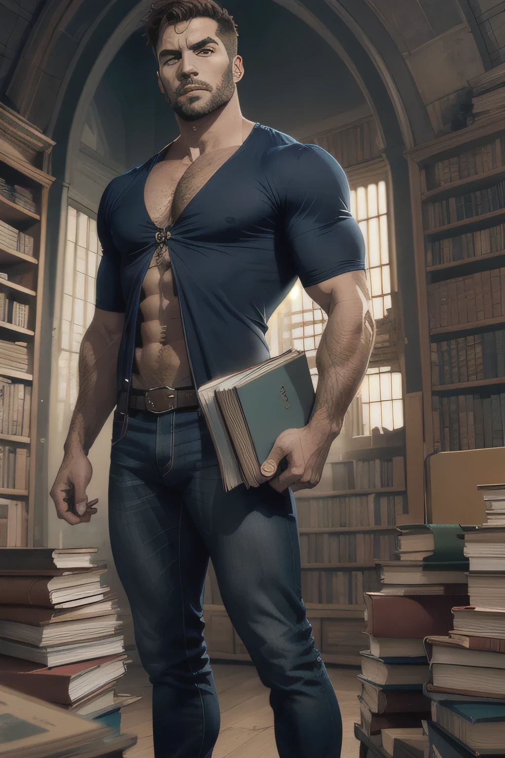 An award-winning original photo,A wild muscular indian man, (thick beared 25 years old:1.3), 1boy, Solo, (opened white dress shirt), (black trouser), black hair, (big shoulders), musculature, stubbles, beard, Beautiful eyes:1.3, ), (Detailed face:1.3), wearing glasses, smiles, dimples, (reading a book), Dynamic Angle, volumetric lighting, (Best quality, A high resolution, Photorealistic), Cinematic lighting, Masterpiece, RAW photo, Intricate details, hdr, depth of field, upper body, His perfect( big huge penis) is (coming out) of his pant,masterpieces