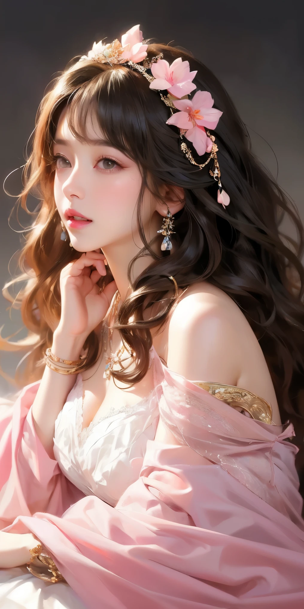 Canon RF85mm f/1.2,masterpiece,best quality,ultra highres,vc,1 girl,(korean mixed,kpop idol:1.2),solo,white_shiny_skin,black eyes,necklace,((brown_long_wavy_hair)),((pink_shiny_lips)),eyelashes,bangs,aface,make-up,shiny,Pore,skin texture,bracelet,offshoulder,see-through,big breasts