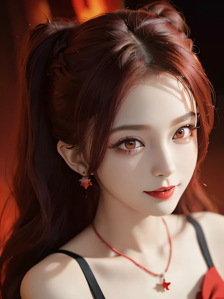 (in the dark:1.6), 1 girl, in the dark, deep shadow, secret key,cowboy shot,(formal wear:1.4) ,long wavy hair,redhead,clavicle、flame background、redhead、red background、red spirit clothes、earrings、necklace、red tattoo、red eyes、she is a spirit、close up of face、red eyes、close up of face、red eyes、look up、red fairy costume、red headband、red eyes、Braid、bright red lipstick、Fire Devil、red eyes、redhead、red eyes、赤いflame background、bright red eyes、twin tails、smile、I can see small fangs、