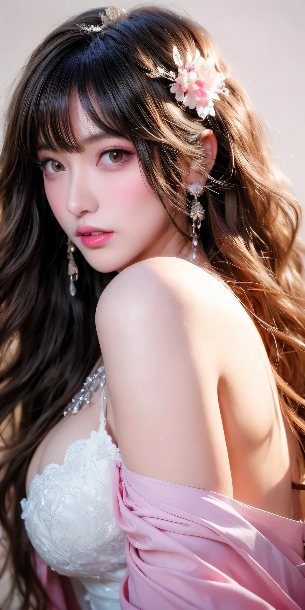 Canon RF85mm f/1.2,masterpiece,best quality,ultra highres,vc,1 girl,(korean mixed,kpop idol:1.2),solo,white_shiny_skin,black eyes,necklace,((brown_long_wavy_hair)),((pink_shiny_lips)),eyelashes,bangs,aface,make-up,shiny,Pore,skin texture,bracelet,offshoulder,see-through,big breasts