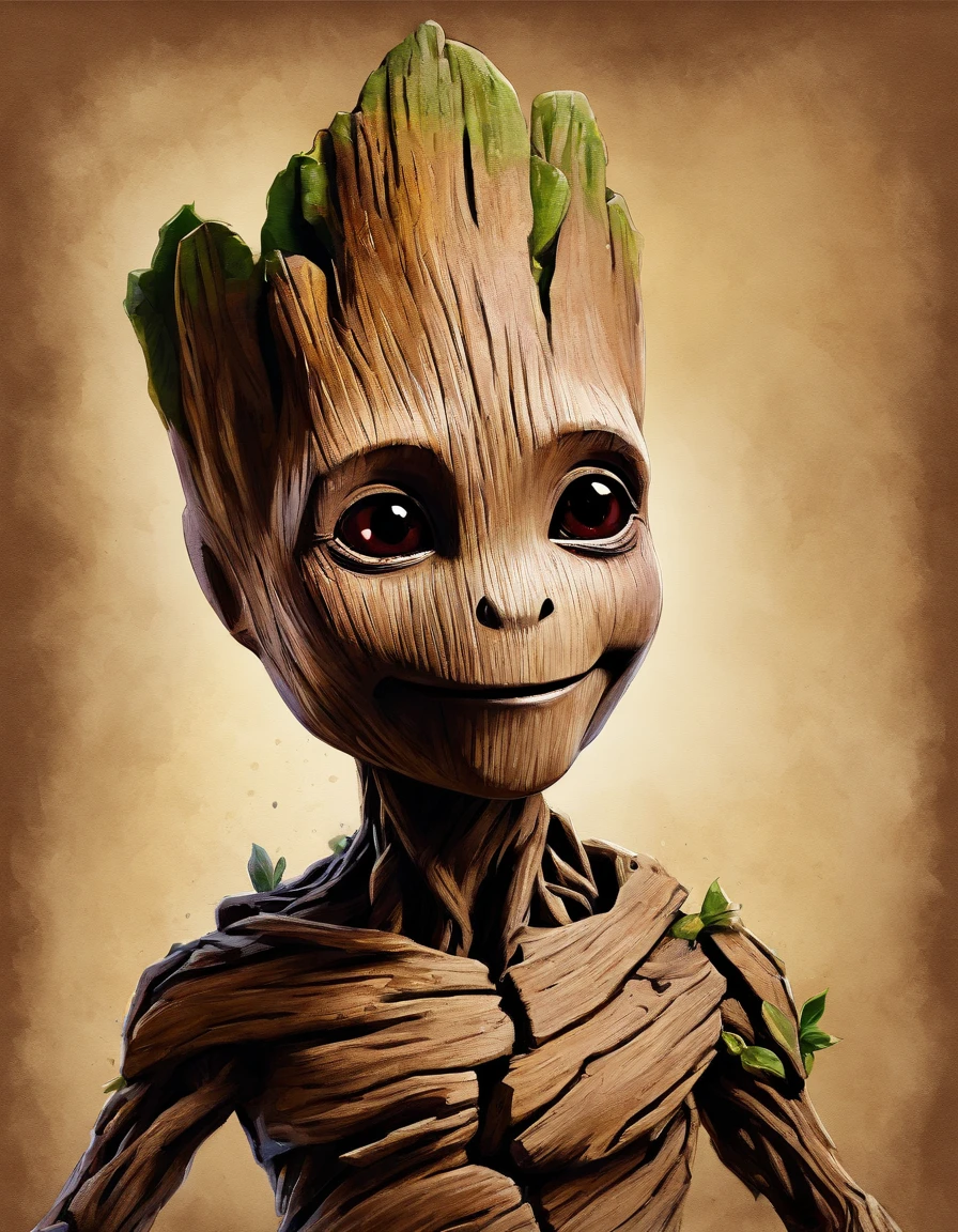 Generate a photorealistic full body portrait of (Baby Groot:1.4) (from Guardians of The Galaxy:1.3). BREAK cute smile, looking at the viewer, (extreme realism:1.4), award-winning photo, sharp focus, detailed, intricate,art_booster