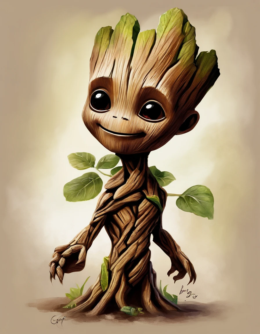 Generate a photorealistic full body portrait of (Baby Groot:1.4) (from Guardians of The Galaxy:1.3). BREAK cute smile, looking at the viewer, (extreme realism:1.4), award-winning photo, sharp focus, detailed, intricate,art_booster