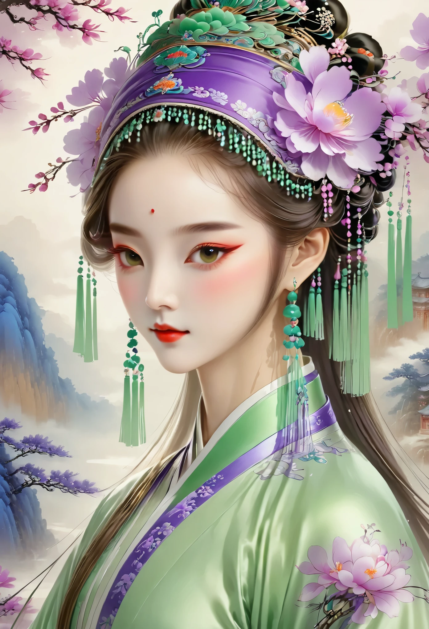Draw a person wearing a green skirt、woman wearing purple headdress, palace , A girl wearing Hanfu, Guviz style artwork, Inspired by Lan Ying, A beautiful artistic illustration, Inspired by Qiu Ying, Bowater's art style, beautiful figure painting, Inspired by Wu Bin, chinese princess, Beautiful digital illustrations