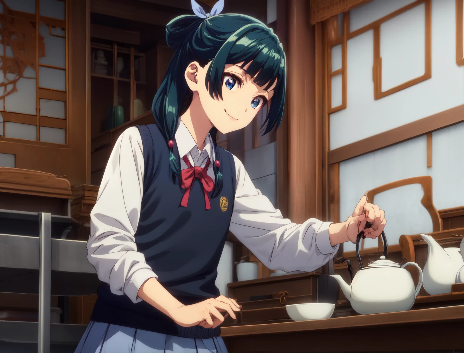 Are thin、green hairstyle,、Only one girl is in the picture、smile、solo shot、wearing a high school uniform（white shirt、red ribbon、black sweater vest、skirt）、inside the school、Drinking tea