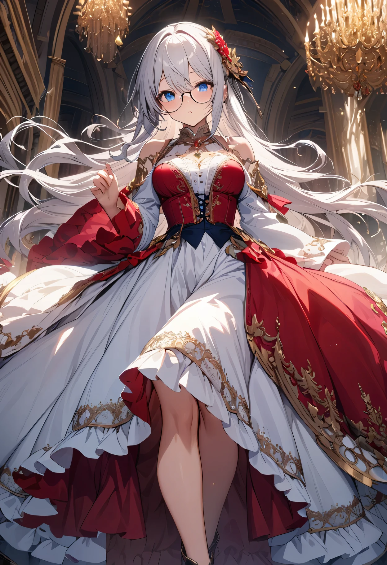 ((Extremely detailed CG unified 8K wallpaper)), masterpiece, super detailed, floating, High resolution, Sexual innuendo, a girl'very happy,White hair looks ridiculous, Princess, blue eyes, (Gorgeous long white and red sheer tiered maxi dress,Long split wide sleeves and intricate embroidery), Ruffled petticoat, Gorgeous corset,luxurious palace, royal style, (wear glasses),(hair accessories),