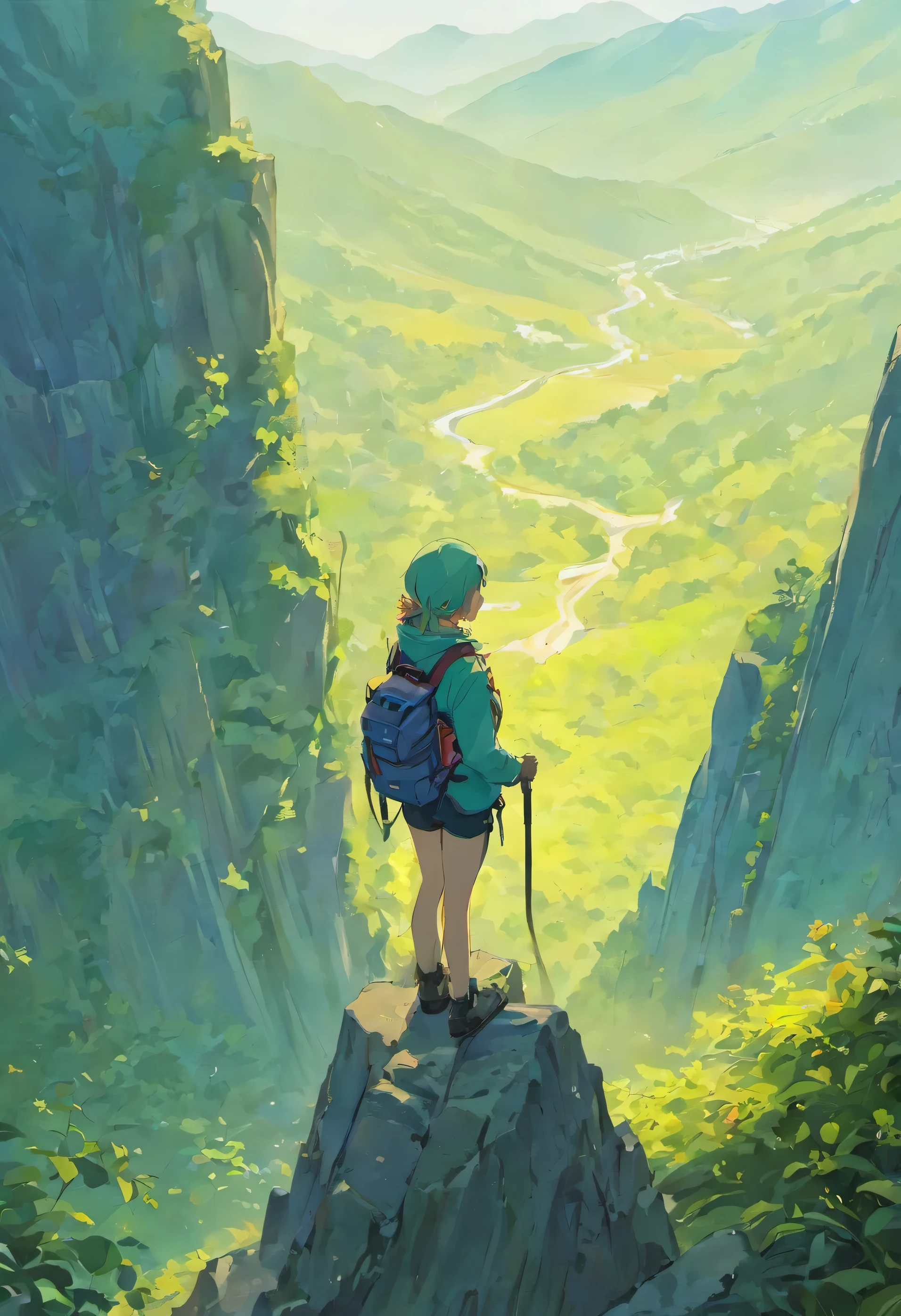 A mountain climber takes care of the environment around the mountain while looking at the view