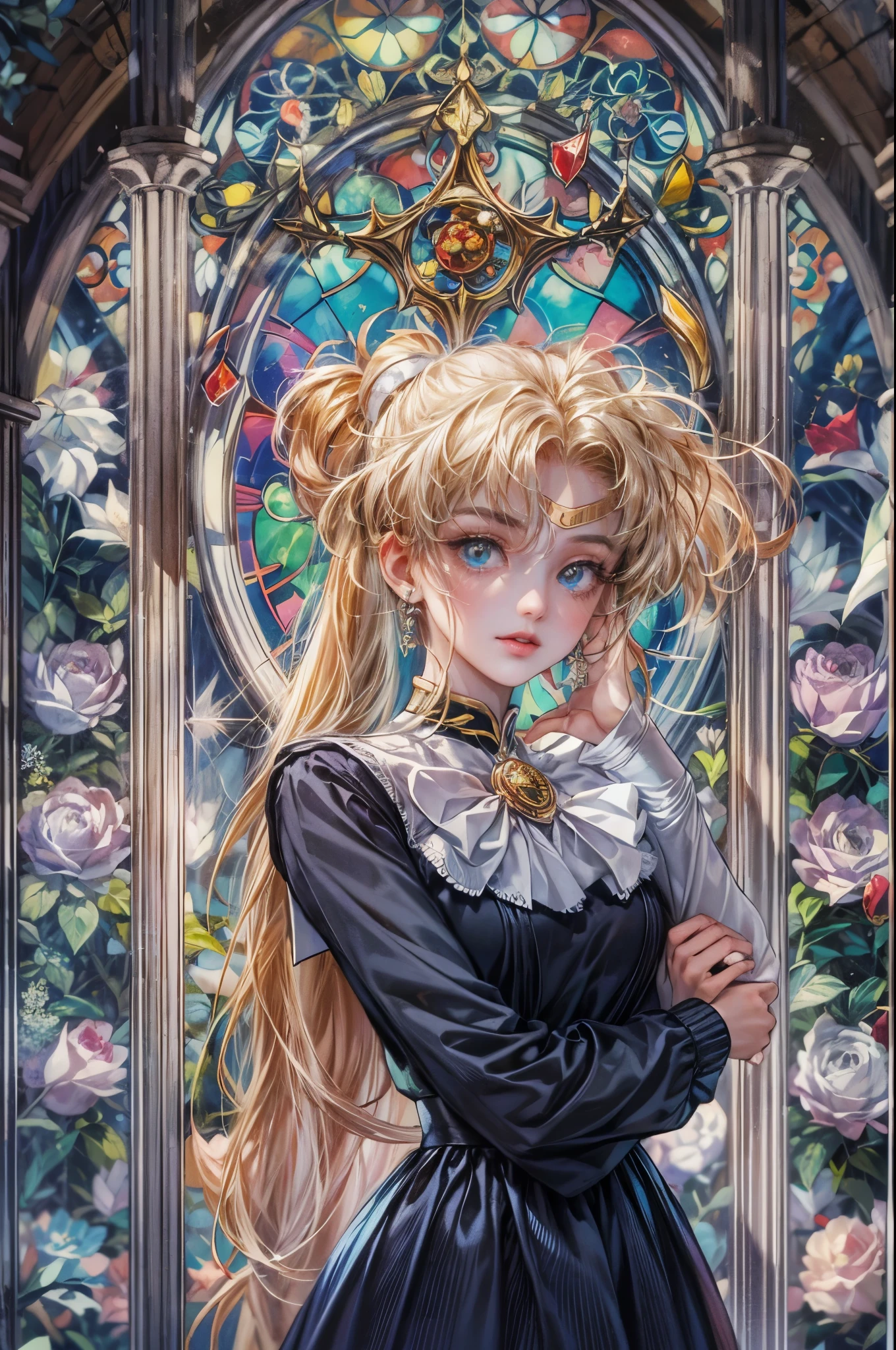 ((Best quality)), ((masterpiece)), (detailed), ((perfect face)), ((halfbody)) ((Sailor Moon Villain: The Witches 5)) solo picture close-up , cathedral background with a big stained glass window , breaking glass, black rose ornaments