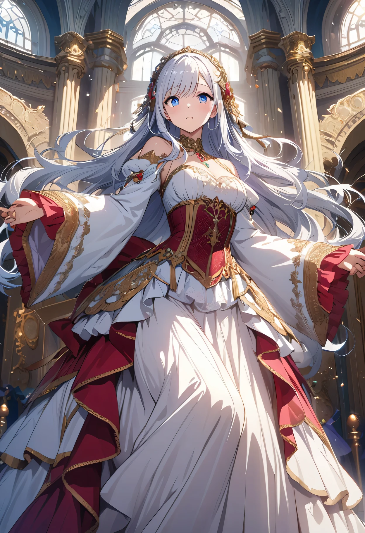 anime art style：((Extremely detailed CG unified 8K wallpaper)), masterpiece, super detailed, floating, High resolution, Sexual innuendo, a girl&#39;s joy,White hair looks ridiculous, Princess, blue eyes, (Gorgeous long white and red sheer tiered maxi dress，Long parted wide sleeves and intricate embroidery), Ruffled petticoat, Gorgeous corset,luxurious palace, royal style, (wear glasses),(hair accessories),