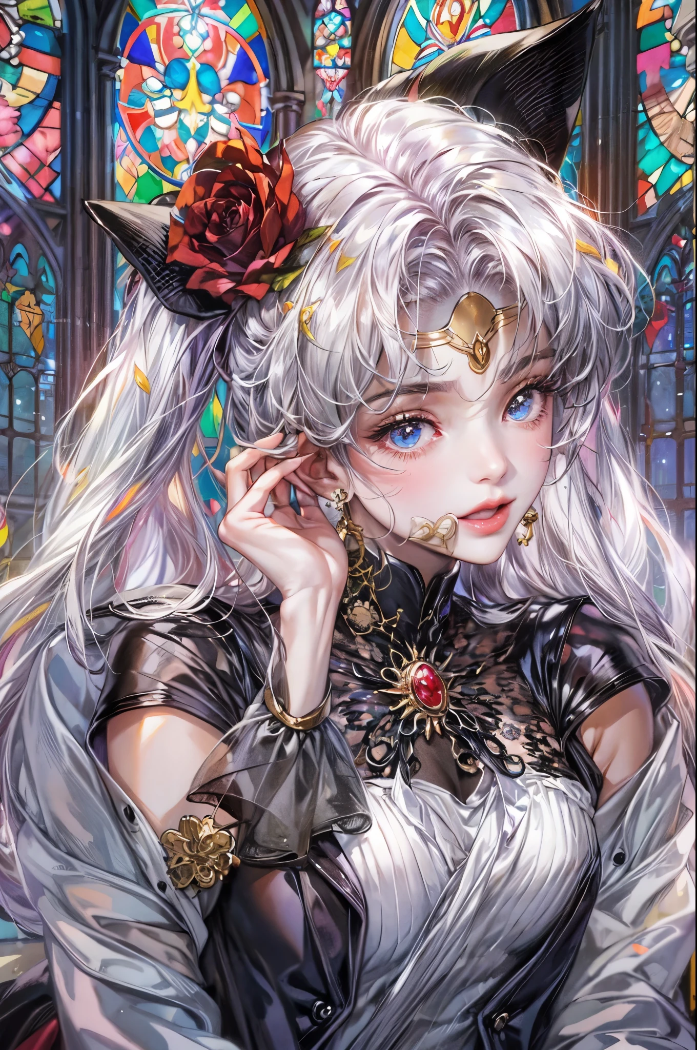 ((Best quality)), ((masterpiece)), (detailed), ((perfect face)), ((halfbody)) ((Sailor Moon Villain: The Witches 5)) solo picture close-up , cathedral background with a big stained glass window , breaking glass, black rose ornaments