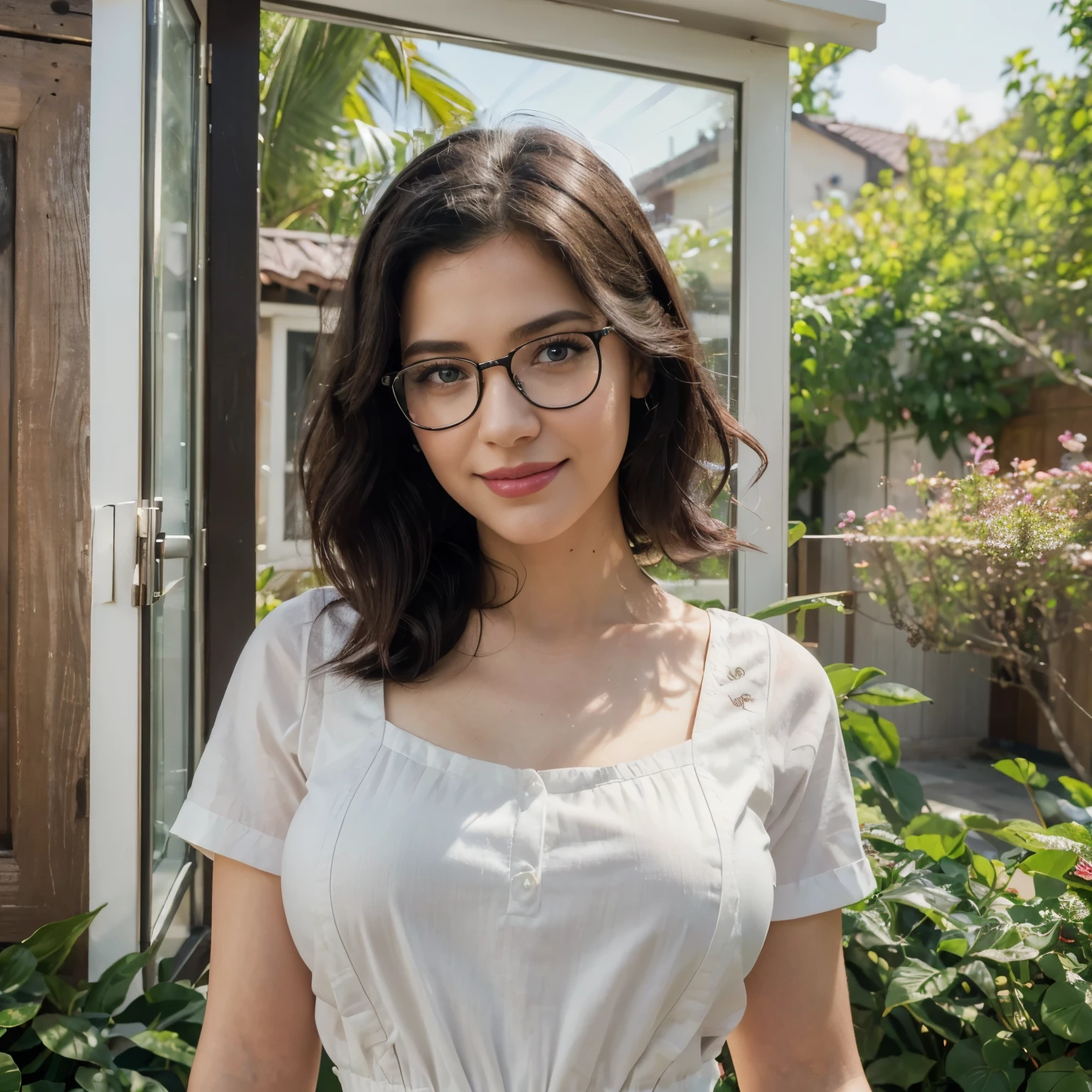 (best quality,4k,8k,highres,masterpiece:1.2),ultra-detailed,realistic,portrait,professional,beautiful detailed eyes,beautiful detailed lips,extremely detailed eyes and face,long eyelashes,short black hair,white blouse with pink apron,glasses,smiling,red lips,standing outside a green house with window and door