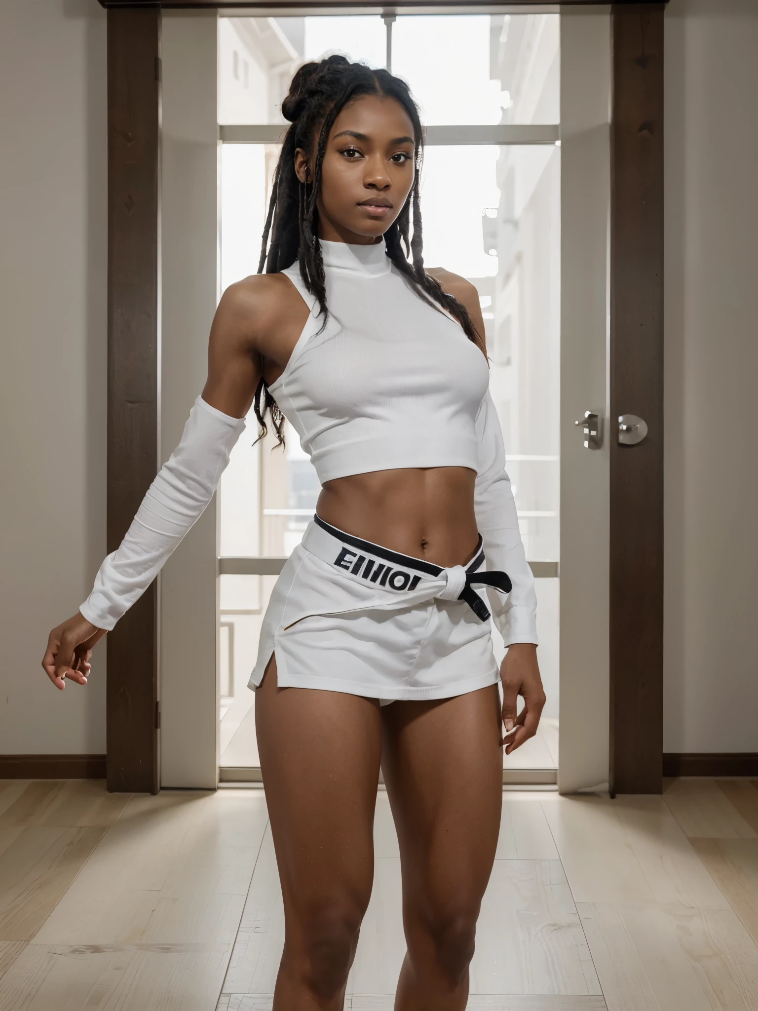 8k, RAW photo, best quality, ultra high resolution, (photorealistic), realistic photo of skinny ebony girl karate fighter, (most beautifull ebony girl in the world, dark skin, slim face, black hair, dreadlock hair), in the karate hall, standing in the fighting pose, (full body portrait), wearing white kimino, white kimino, black belt, looking at viewer, smirking, (extremely detailed CG unity 8k wallpaper), Sharp focus, (bright light)