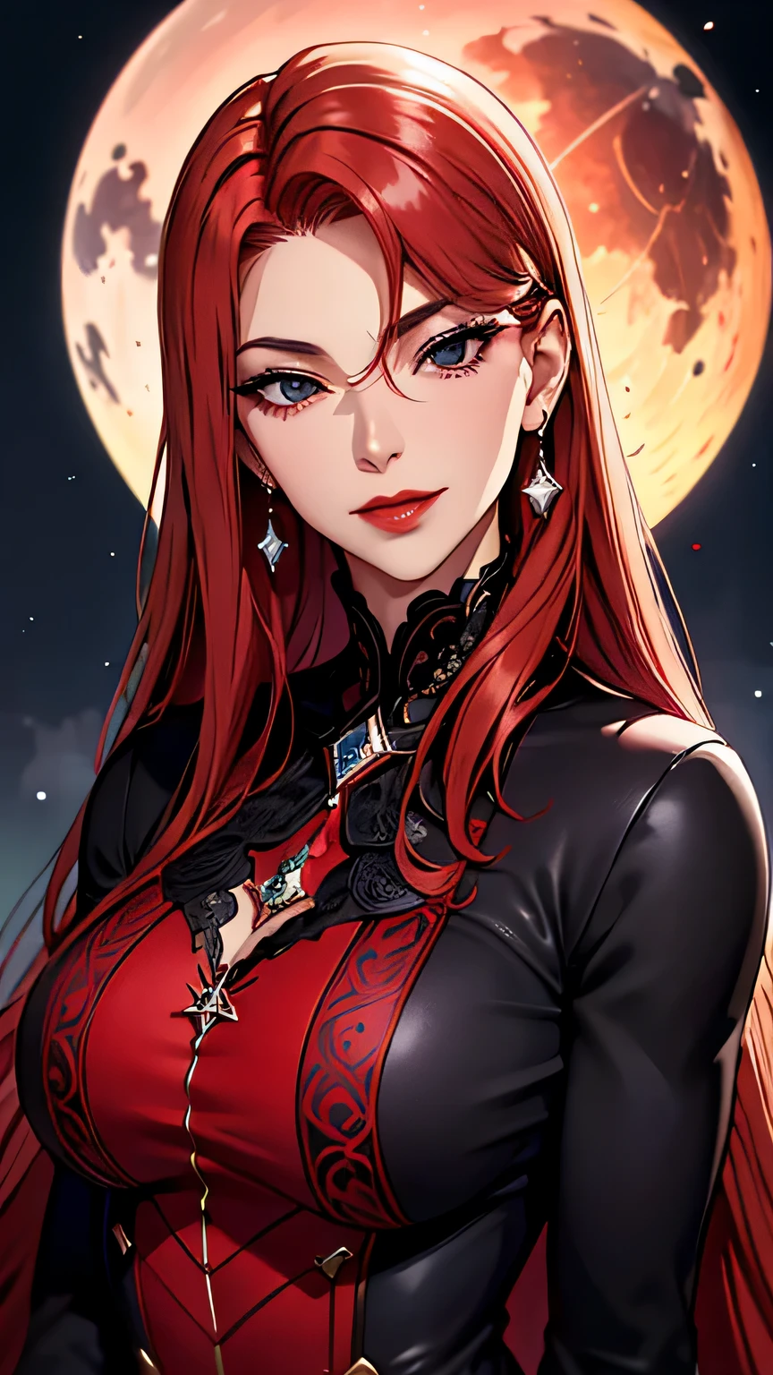 foto de retrato, ((Vivid red hair)), Mulher madura, 30 anos de idade, cara de diamante, luar, red starry sky background, profundidade de campo, Magia, big red lips, ((olhos pretos escuros)) vestido longo e cheio azul e vermelho, peito coberto, mystical atmosphere, menacing shadows, Aura azul intensa, Intense red aura (Melhor qualidade:1.2), absurdos, detalhes intrincados, (pele altamente detalhada:1.2), smile expression, posando, corpo tenso e bem definido, Atraente. altamente realista, pale skin, lindo, hiperrealismo, pele muito elaborada, olhar direto