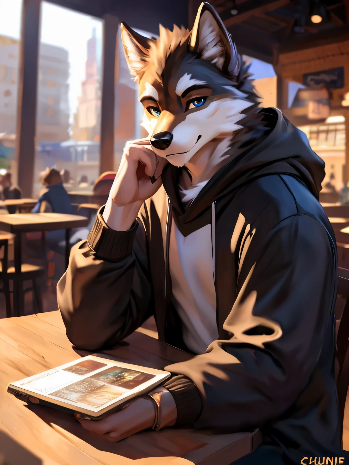 (posted on e621 by Chunie art style) furry, male, anthro, (wolf Tail), Solo, (Realistic eye details:1.2), (beautiful detailed eyes), anime - style image of a man in a Hoodie outfit a laptop on the table, cafe shop background, sit down on chair, a cup of coffee on the table and snacks, the place was busy with people around the cafe shop, anthro art, anthro wolf, commission for high res, fullbody commission for, pov furry art, highly detailed exquisite fanart, trending on artstation pixiv, detailed fanart, fursona art, at pixiv, slim body, full body like, in a panoramic view, masterpiece, Abstract beauty, ultra detailed face, depth of field, motion blur, high details, high quality, award winning, HD, 16k, (best quality,4k,8k,highres,masterpiece:1.2),ultra-detailed,realistic:1.37,HDR,UHD,studio lighting,extreme detail description,professional,vivid colors,bokeh,lively atmosphere, natural lighting