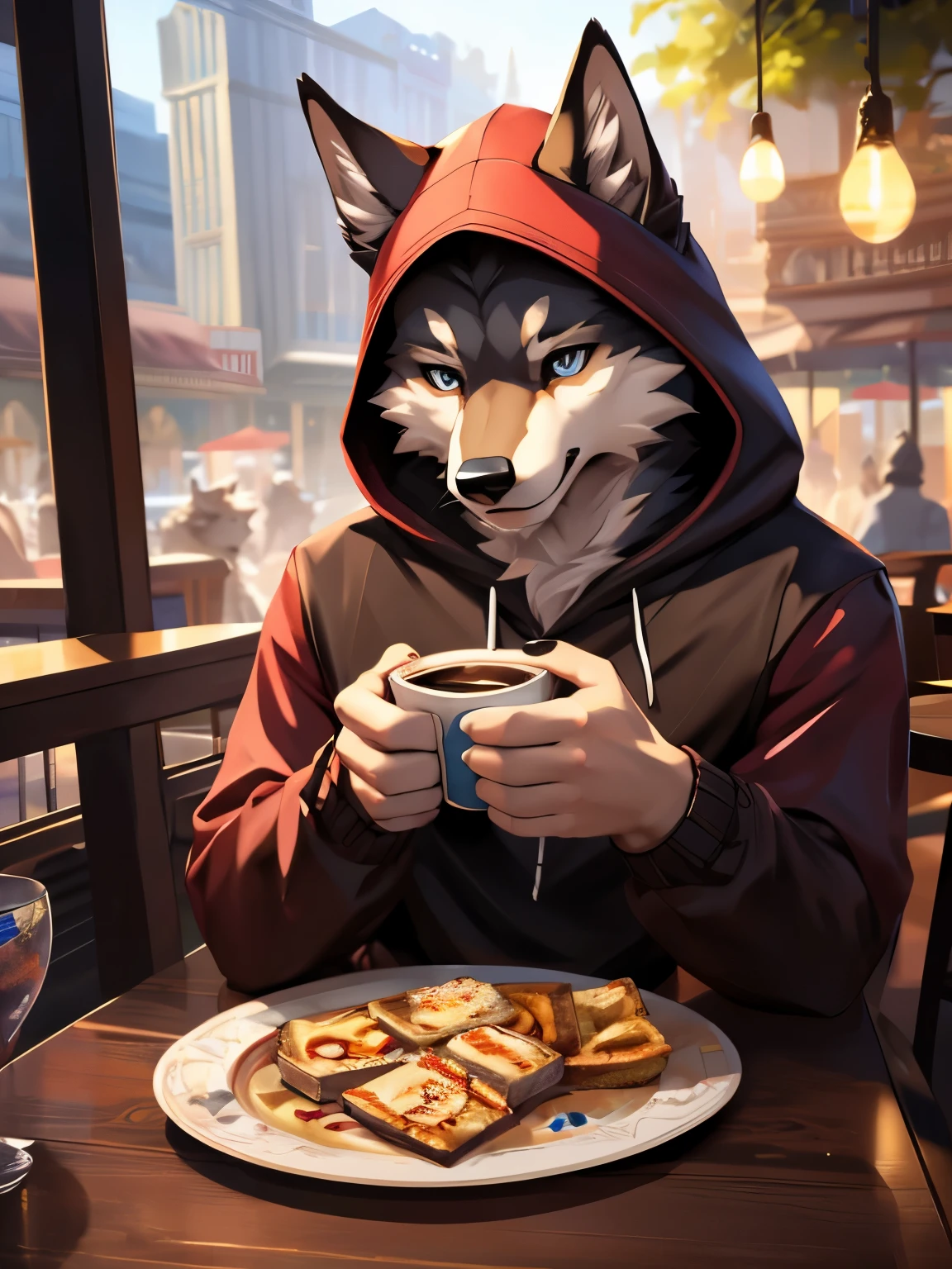 (posted on e621 by Chunie art style) furry, male, anthro, (wolf Tail), Solo, (Realistic eye details:1.2), (beautiful detailed eyes), anime - style image of a man in a Hoodie outfit a laptop on the table, cafe shop background, sit down on chair, a cup of coffee on the table and snacks, the place was busy with people around the cafe shop, anthro art, anthro wolf, commission for high res, fullbody commission for, pov furry art, highly detailed exquisite fanart, trending on artstation pixiv, detailed fanart, fursona art, at pixiv, slim body, full body like, in a panoramic view, masterpiece, Abstract beauty, ultra detailed face, depth of field, motion blur, high details, high quality, award winning, HD, 16k, (best quality,4k,8k,highres,masterpiece:1.2),ultra-detailed,realistic:1.37,HDR,UHD,studio lighting,extreme detail description,professional,vivid colors,bokeh,lively atmosphere, natural lighting