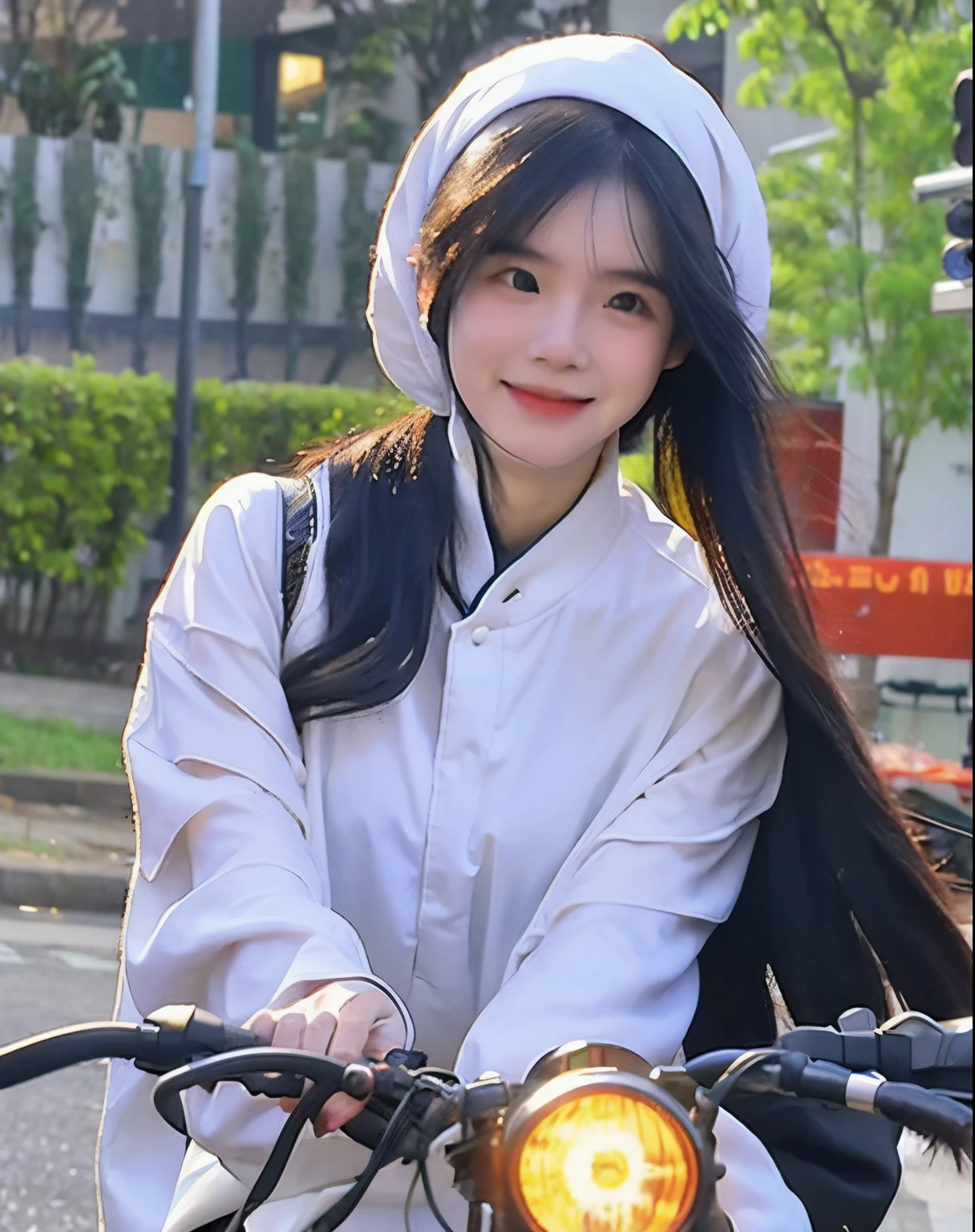 Vietnamese schoolgirls, A 20-year-old girl, black hair, Wear Vietnamese white ao dai, cycling in the rain, wet clothes, Sexy. Surrounding is the scene of a school day, Behind the girl there is a guy chasing, Yellow light behind