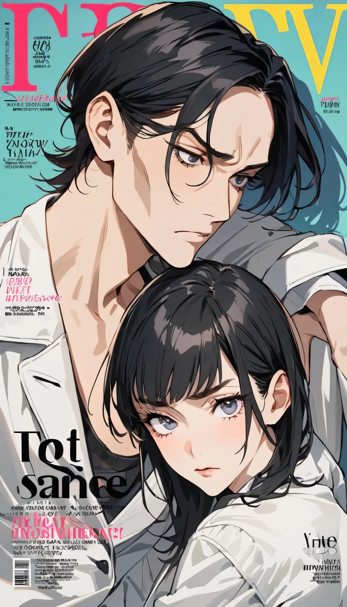 (best quality,high resolution),Fashion magazine cover, Handsome female model, High cheekbones, A caring expression, White blazer, short black hair