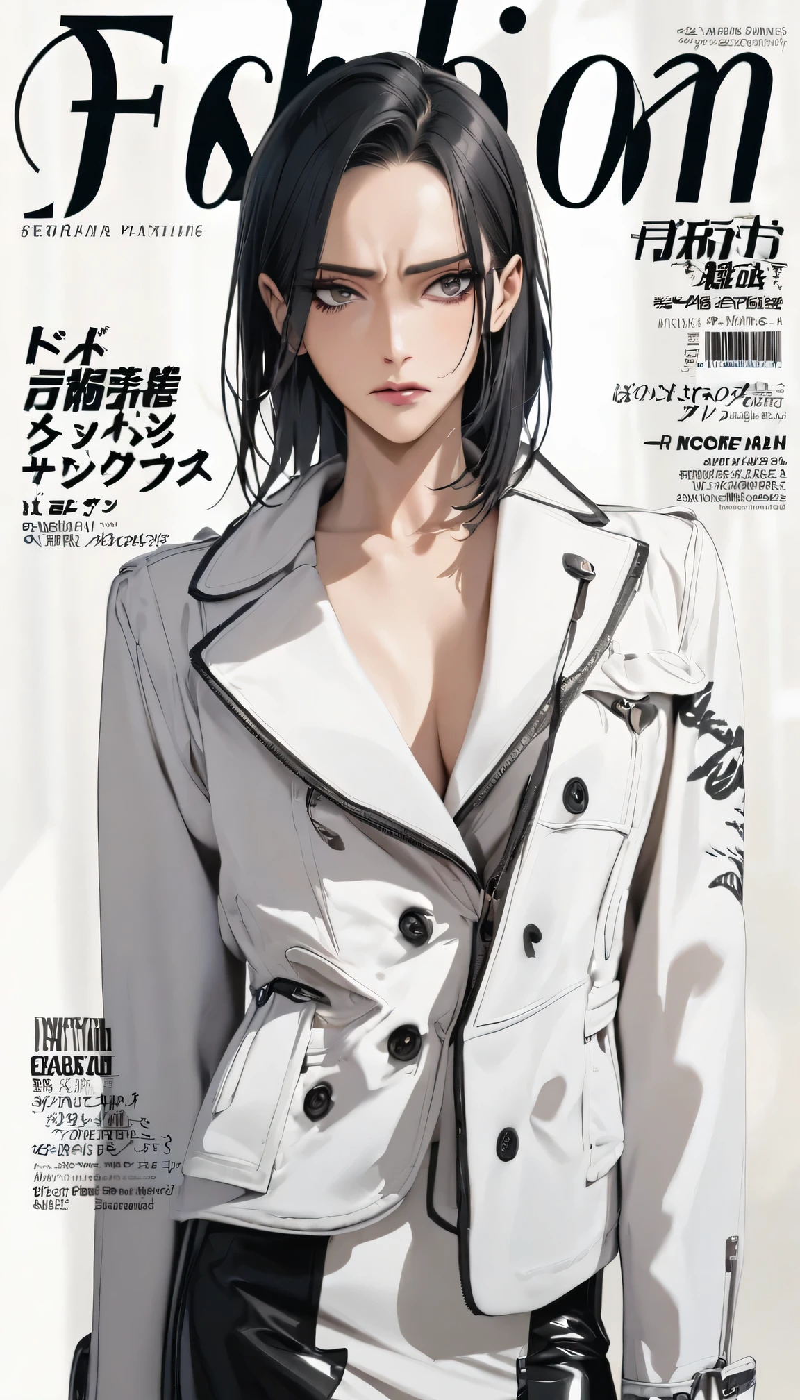(best quality,high resolution),Fashion magazine cover, Handsome female model, High cheekbones, A caring expression, White blazer, short black hair