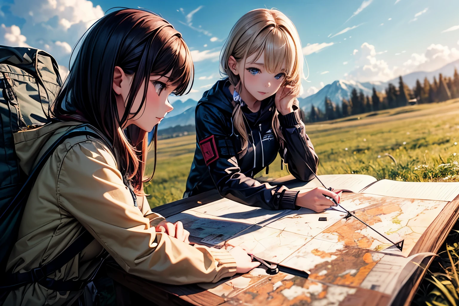 An beautiful girl explorer outdoor survival is using a compass to aim and a map to determine direction