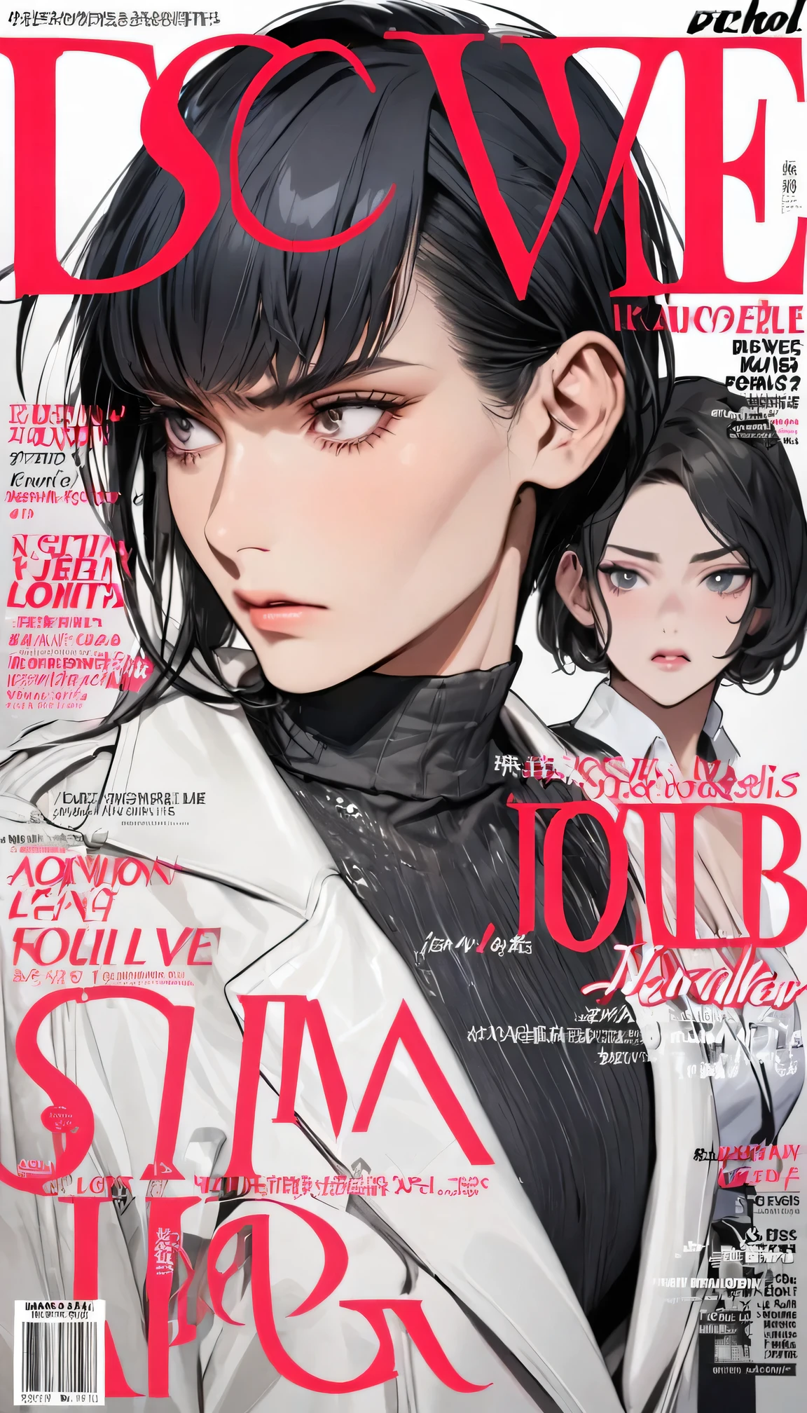 (best quality,high resolution),Fashion magazine cover, Handsome female model, High cheekbones, A caring expression, White blazer, short black hair