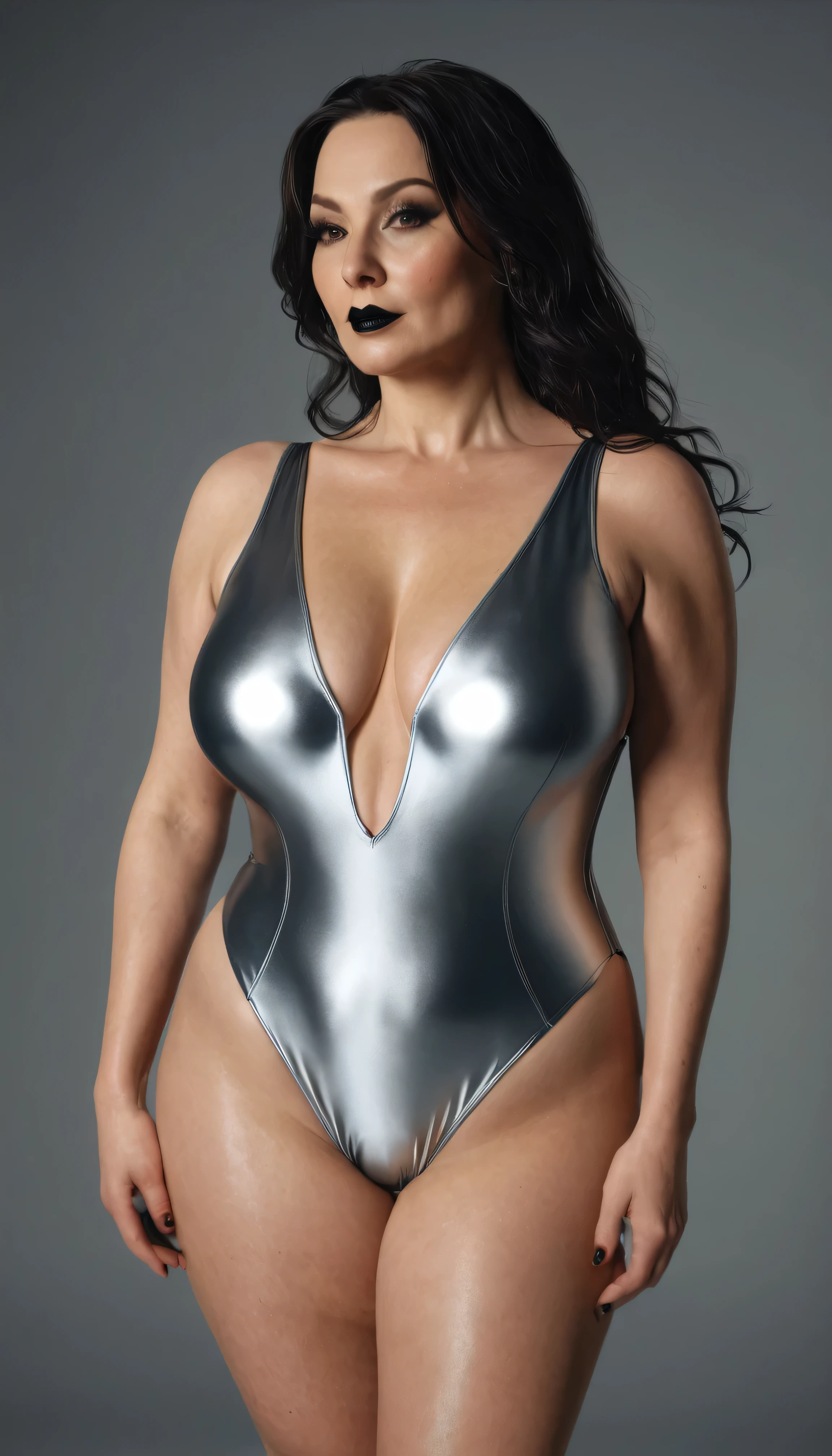 silver open leotard swimsuit(high cut leotard), Mistress 40+,40 year old female, bbw, very big breasts, Wrinkle, selfie pose, not instagram, She is looking at the camera with long dark hair and dark black makeup。, I have a tattoo。,detailed pictures, realistic lighting, fine real skin: 1.4, Improved cinematic lighting: 0.9,surreal: 1.4, (soft lighting: 1.05) Looks busy, Wrinkle, bully women, セクシーなControl的なポーズ, Control, 奴隷を所有するControl者がいる, Spouse, Completely naked, bbw, very big breasts, very big breasts, very big breasts, silver open leotard swimsuit(high cut leotard),
