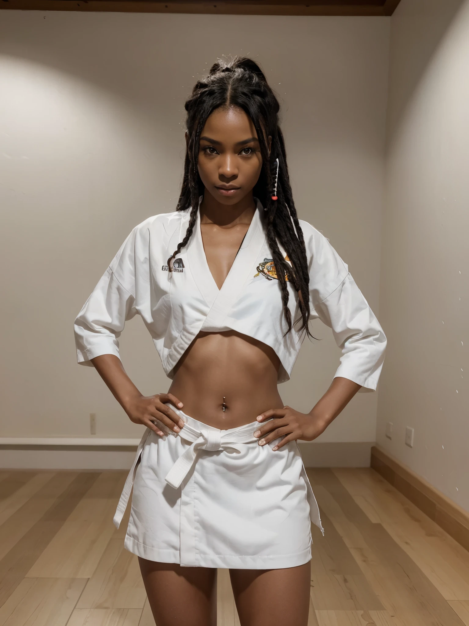 8k, RAW photo, best quality, ultra high resolution, (photorealistic), realistic photo of skinny ebony girl karate fighter, (most beautifull ebony girl in the world, dark skin, slim face, black hair, dreadlock hair), in the karate hall, standing in the fighting pose, (full body picture), photo from the side, wearing white kimono, white kimono, black belt, looking at viewer, smirking, (extremely detailed CG unity 8k wallpaper), Sharp focus, (bright light)