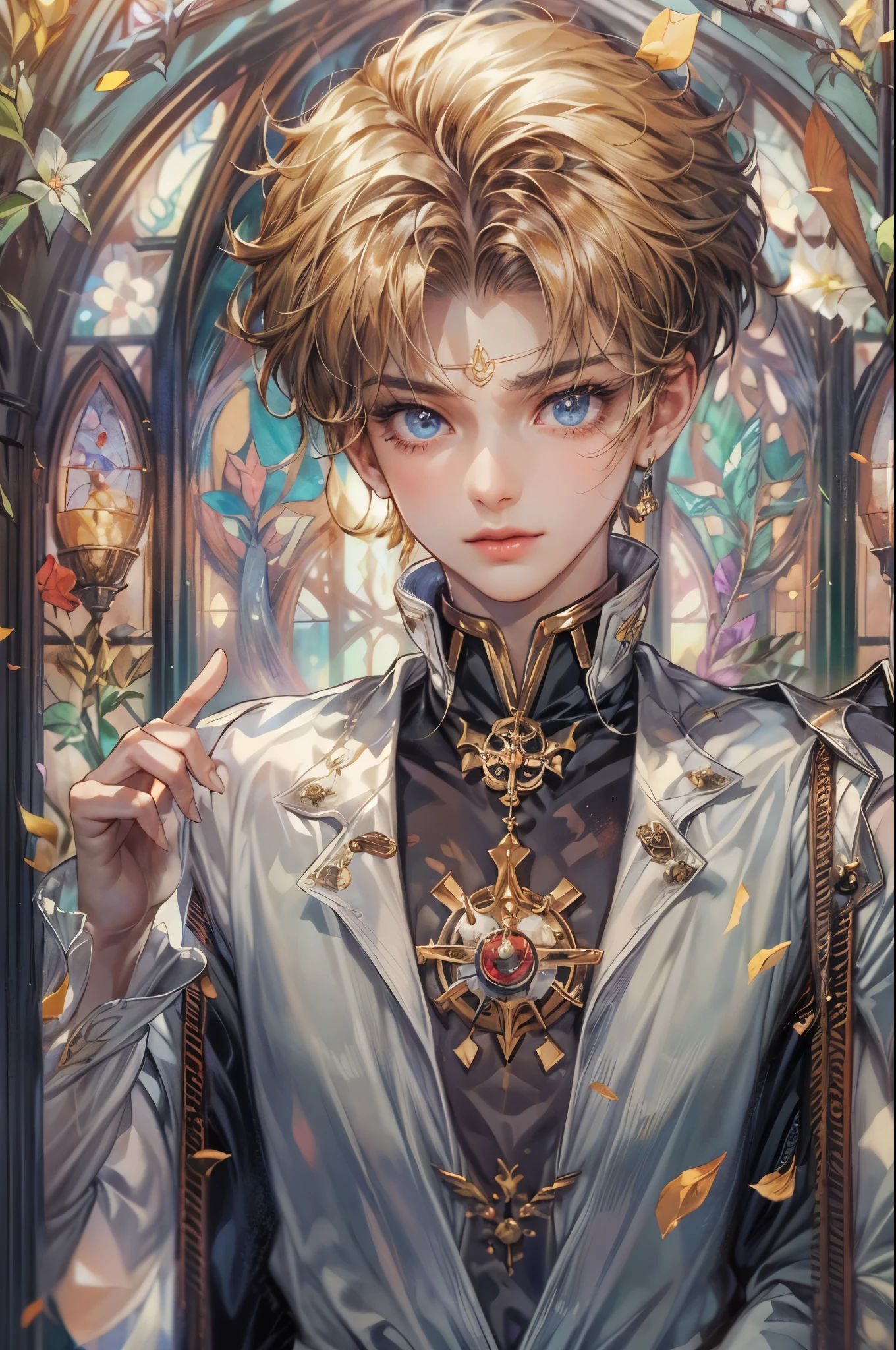 ((Best quality)), ((masterpiece)), (detailed), ((perfect face)), ((halfbody)) ((Sailor Moon Villain: Prince Demande)) handsome boy villain with short hair, solo picture close-up , cathedral background with a big stained glass window , breaking glass, black rose ornaments 