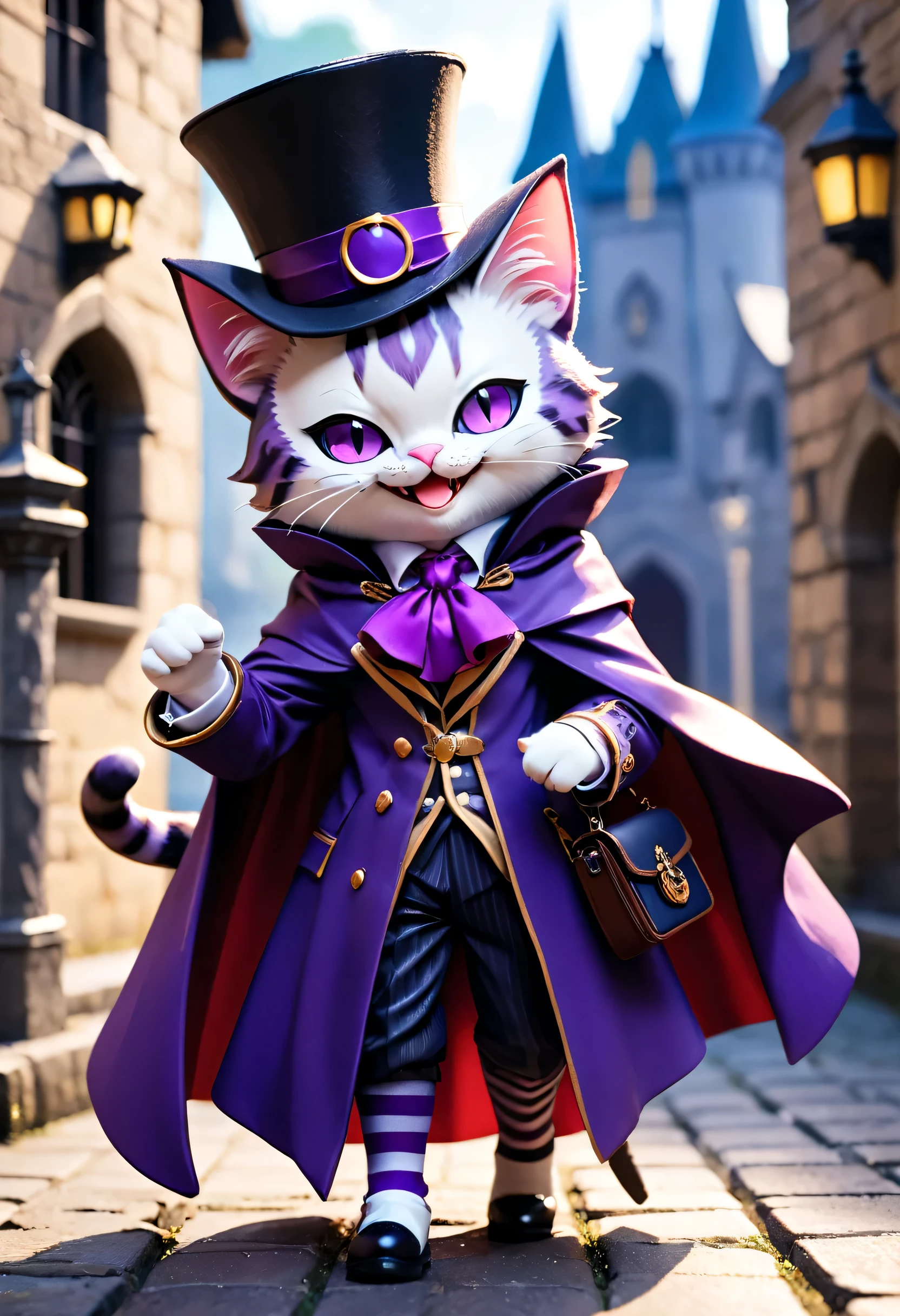 Full body Esbian、cool purple striped cat、pop purple striped cat、Inappropriate smile、devil'the smile of、stick out tongue、glare、bad guy、diorama、simple background、aristocrat cloak、top hat、Holding a watch in his hand、castle in the background、highest quality, Capture the cutest moments, written boundary depth, Super detailed, ultra high resolution, octadale, 8K, 16km race