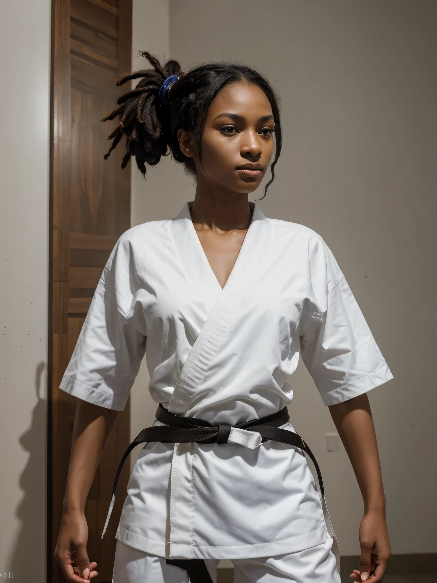 8k, RAW photo, best quality, ultra high resolution, (photorealistic), realistic photo of skinny ebony girl karate fighter, (most beautifull ebony girl in the world, dark skin, slim face, black hair, dreadlock hair), in the karate hall, standing in the fighting pose, (full body picture), photo from the side, wearing white kimono, white kimono, black belt, looking at viewer, smirking, (extremely detailed CG unity 8k wallpaper), Sharp focus, (bright light)
