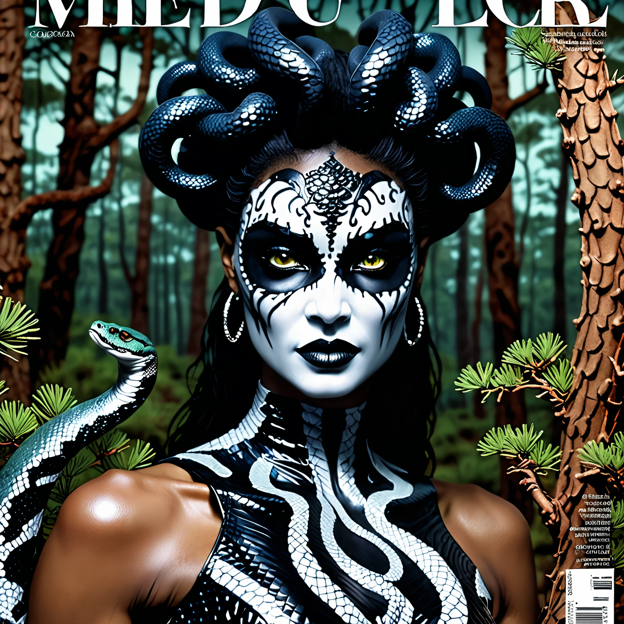 (Magazine cover, in braille, braille lettering, detailed magazine cover layout, Medusa the gorgon half woman half snake hybrid in a glamour chiaroscuro lighting photoshoot still image on cover, Medusa is snake-haired, wearing a stylish snake skin dress, standing in the pine barrens at nautical twilight, Medusa resembles Grace Jones, and is wearing ornate blackmetal corpsepaint face paint. (hyperrealism, rotoscope hand drawn, cel shading, animated realism)
