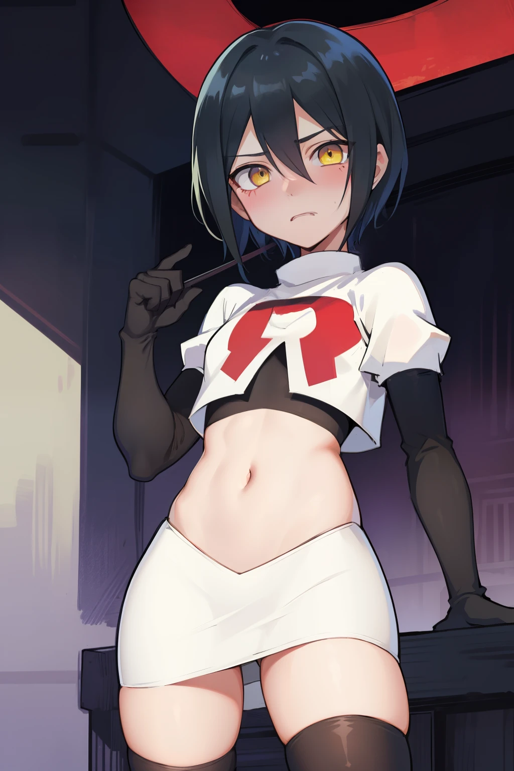 absurdres, cowboy shot, solo, male focus, trap, 1boy, crossdressing,1boy, saihara shuichi, yellow eyes,looking at viewer, team rocket,team rocket uniform,white skirt,red letter R,crop top,black thigh-highs,black elbow gloves, embarrassed, blush