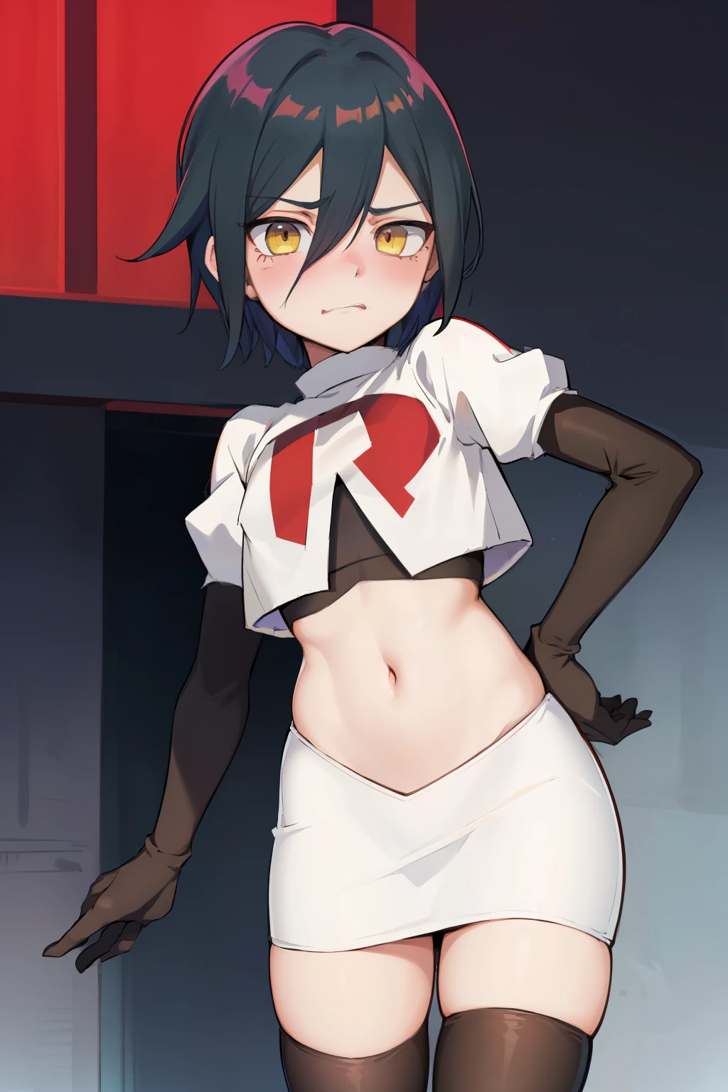 absurdres, cowboy shot, solo, male focus, trap, 1boy, crossdressing,1boy, saihara shuichi, yellow eyes,looking at viewer, team rocket,team rocket uniform,white skirt,red letter R,crop top,black thigh-highs,black elbow gloves, embarrassed, blush