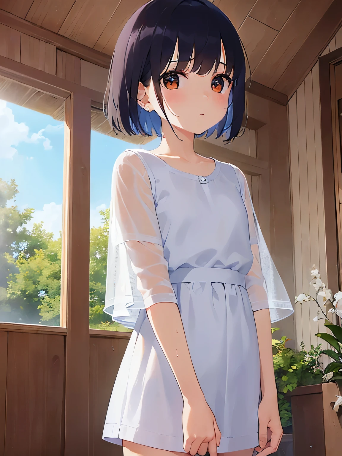、bob cut, masterpiece、Highest quality、 (Brown hair with bangs) and (Orange eyes) and (8-year-old girl:1.5), Primary school students、(white:1.5) and (dress) and (long sleeve)、(smile:1.5), open mouth, Are standing、The background is a park、The upper body is shown、Alone、