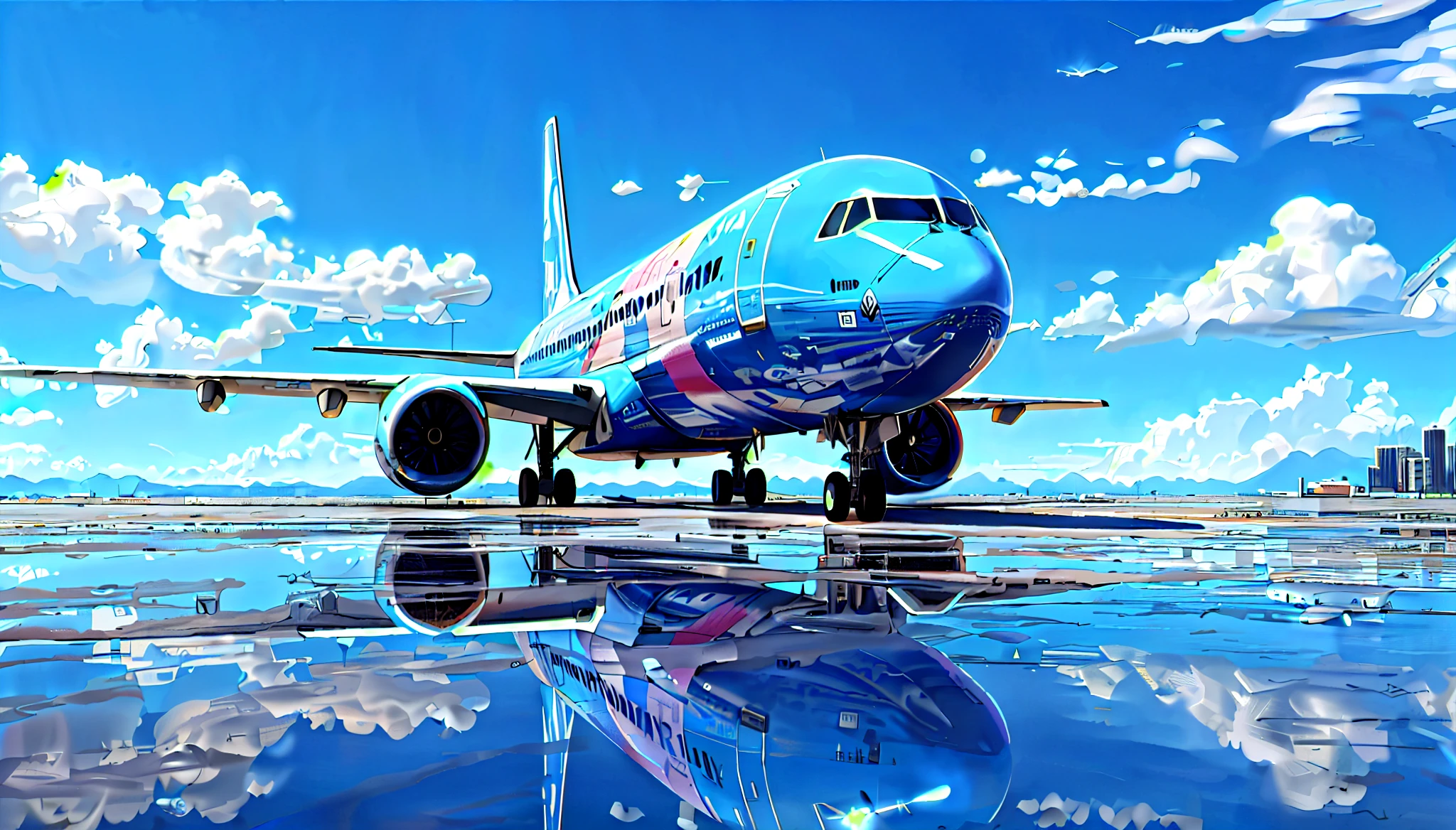 arafly painted blue airplane on tarmac with city in background, plane illustration, plane, Turbulence, plane, realistic plane, aeroplane, photo rendering, airplane, Side view, Boeing Concept Art Painting, rendering illustration, realistic planes, More detailed illustrations, Depicted as 3D rendering, CG art, airplanes, low - level view, take off, artistic rendering