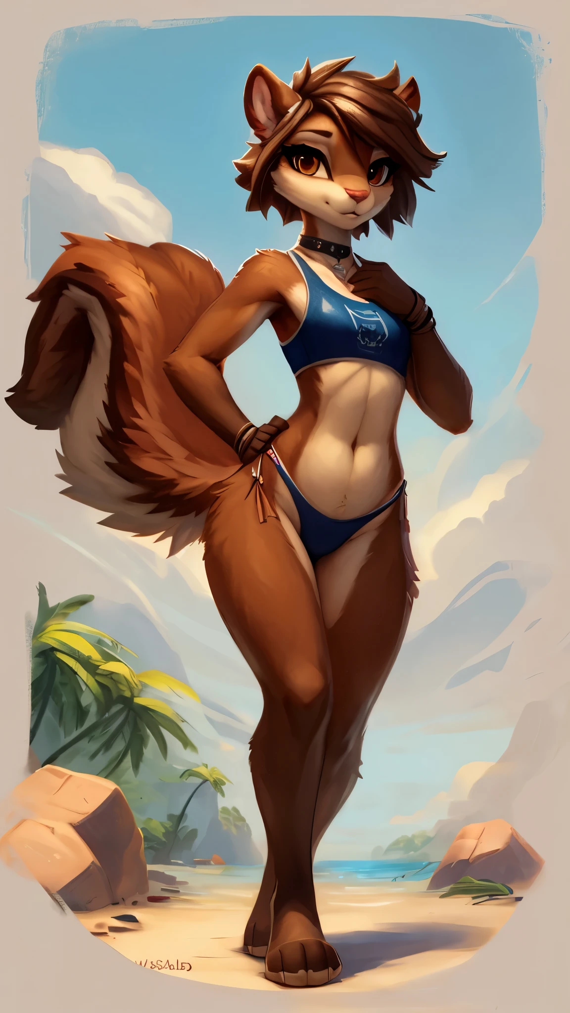Masterpiece, (by waspsalad:1.1), by photonoko, by sallyhot, by skygracer:0.4, solo, (anthro,mature female girl squirrel,(chibi:0.3), feminine face and body, ((brown fur)), brown eyes), squirrel tail, tropical island, mythology, small waist, wide hips, Slim, Perfect body, DND style, (wearing brown thong, brown sports bra, brown soles), (warrior outfit)