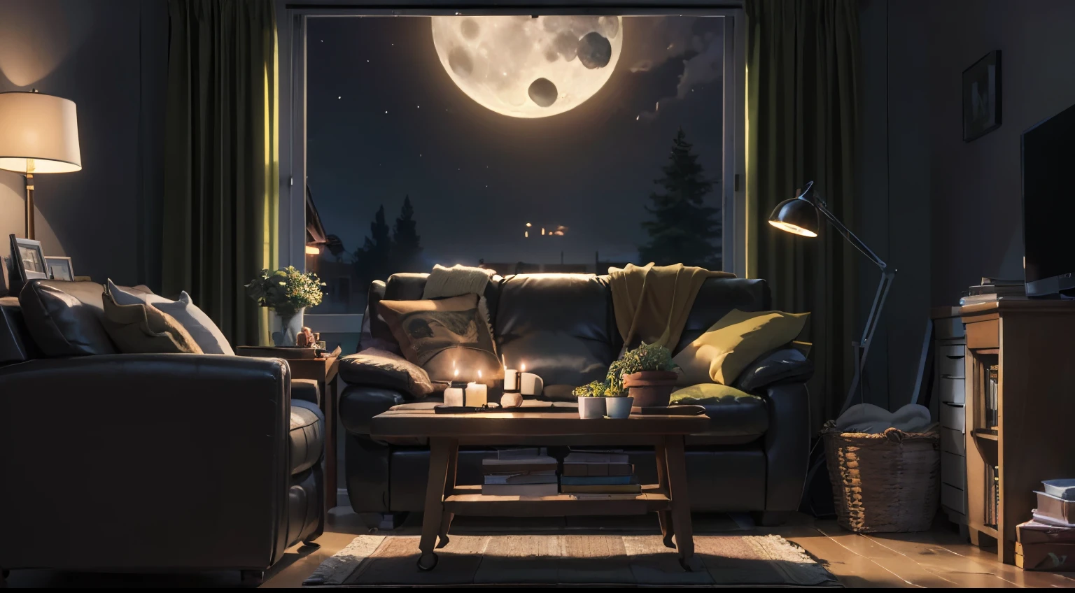Aarfed view from the living room with sofa and table, cozy home background, cozy atmosphere, night with moon and candles, cozy place, cozy peaceful atmosphere, dream of a moonlit night Atmosphere, cozy atmosphere, full moon night, moon light, cozy atmosphere, cozy and calm, cozy living room background, there is delicious food on the table