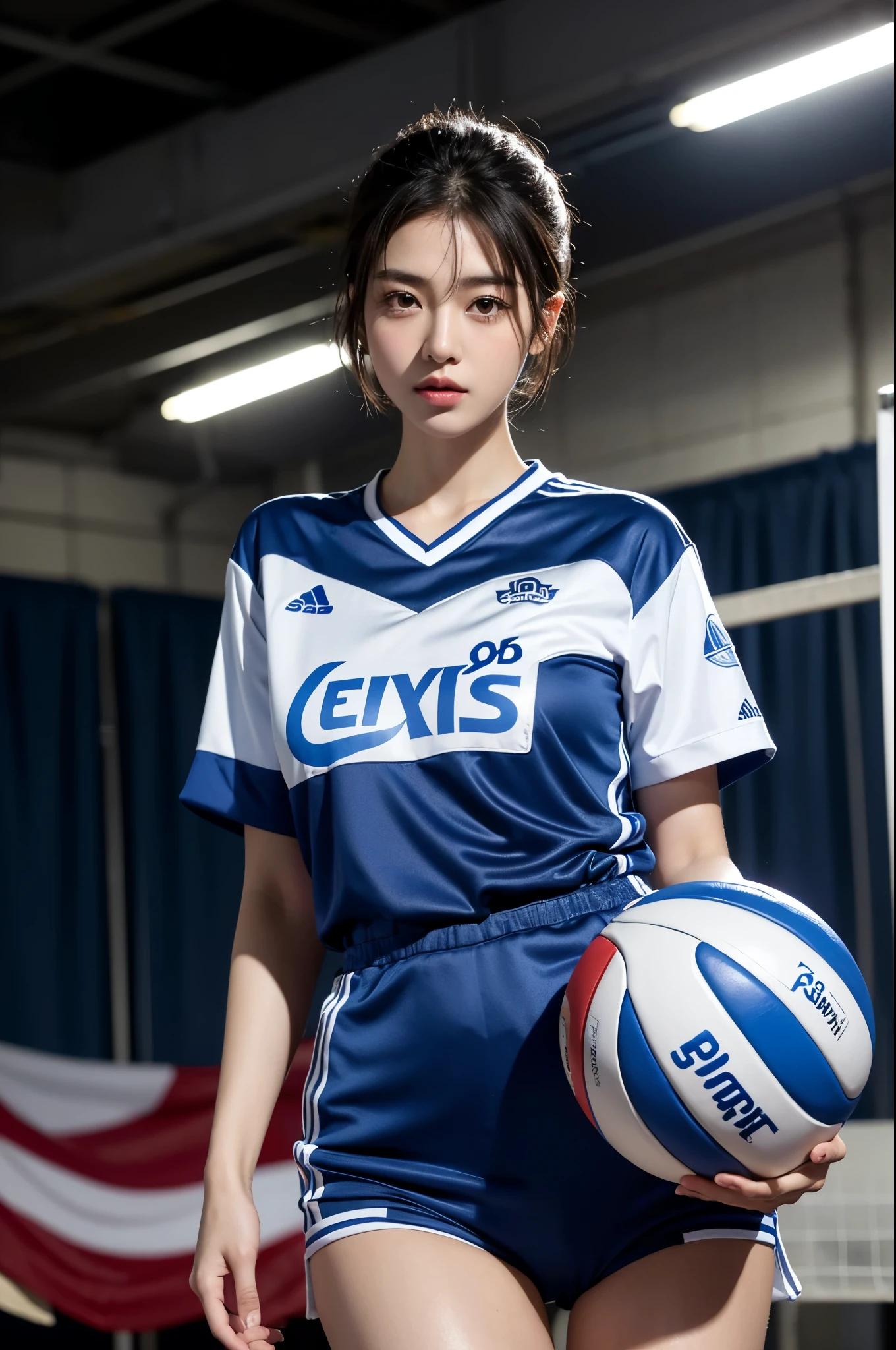 nice face and dark eyes, staring at camera, CG integrated 8k wallpaper, very detailed, High-resolution RAW color photos, Arape Asian woman standing in blue uniform, wearing volleyball uniform, korean beauty, basketball uniform, Short hair,