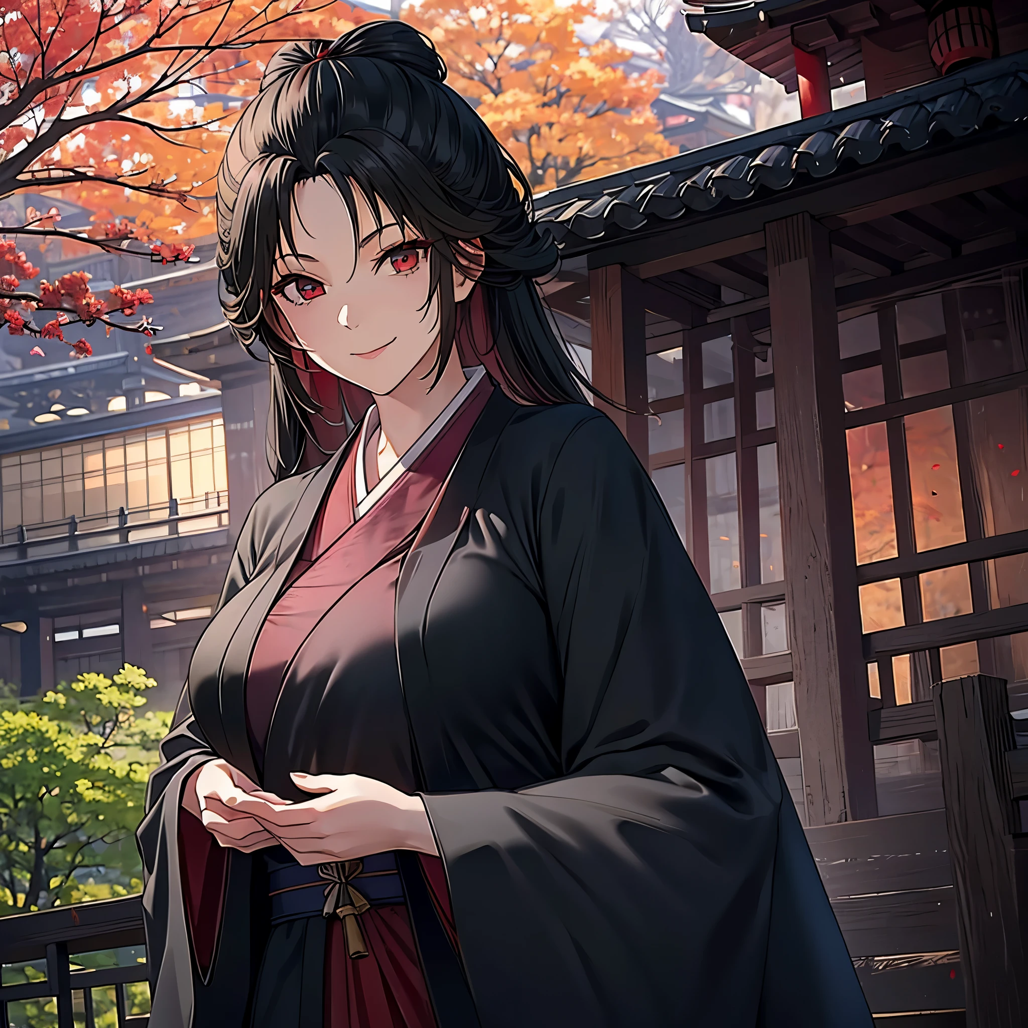 A woman with long black hair, red eyes, cute face, wearing a black kimono with red details, big breast, in a Japanese garden with autumn weather, Japanese castle behind, smiling.
