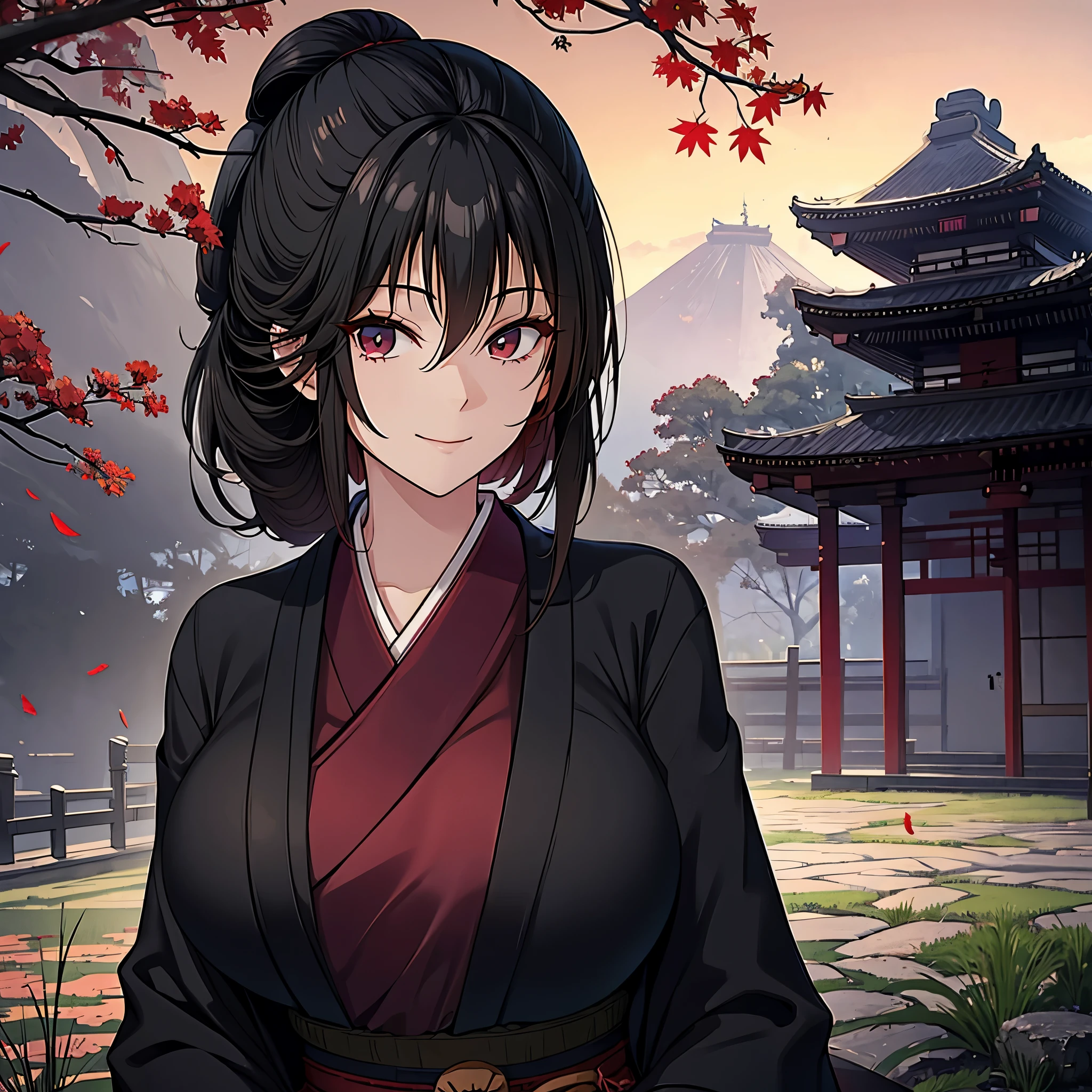 A woman with long black hair, red eyes, cute face, wearing a black kimono with red details, big breast, in a Japanese garden with autumn weather, Japanese castle behind, smiling.
