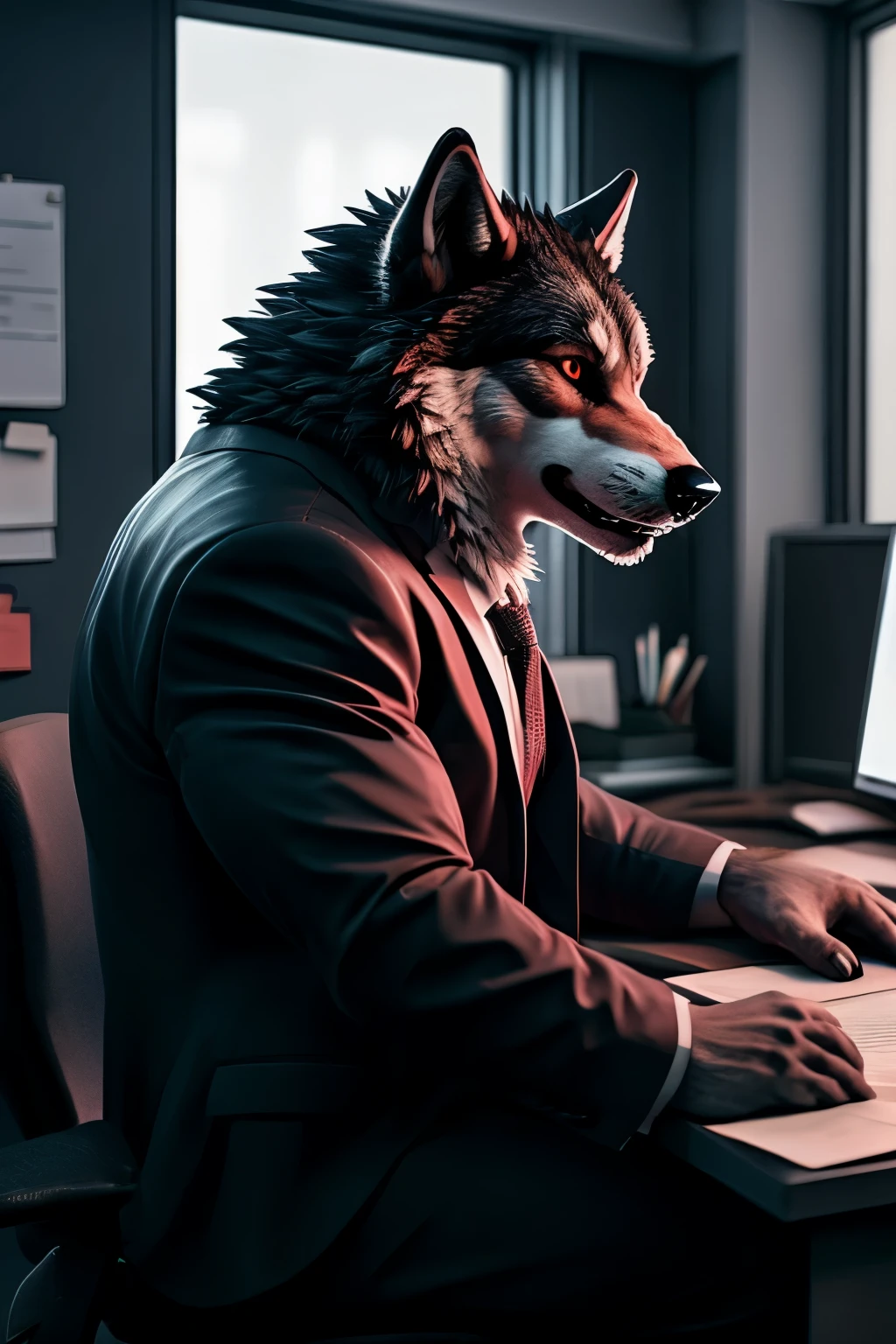 A photograph of a black wolf, with red eyes, in a sitting position at an office desk. This detailed and high-quality image, created by the talented artist S2, showcases the wolf's muscular build and intricate fur texture. The wolf's expressive eyes, filled with a soft red hue, convey a sense of calm and focused intensity. With a profile view, the wolf sits with crossed legs and a wink in one eye, adding a playful touch to its serious office attire. The background is a blur of cold, monochromatic tones, creating a stark contrast to the warm, inviting atmosphere of the wolf's office. The image is rendered in ultra-high definition,
