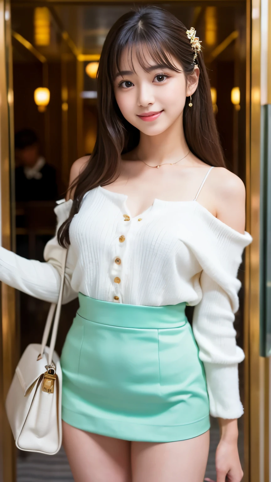 Best-quality, Masterpiece, Ultra-High-Resolution, (Photorealistic:1.4), Raw-Photo, 1girl, the most famous Japanese idol, at luxury-hotel-entrance, wearing spring-clothes, (extremely cute face like the most popular Japanese idol, (extremely beautiful big-eyes)), extremely beautiful hair, extremely beautiful skins, extremely beautiful long-eyelashes, extremely beautiful lips, extremely beautiful short-body, extremely beautiful thighs, innocent-smile, looking at viewer, detailed luxury-hotel-entrance