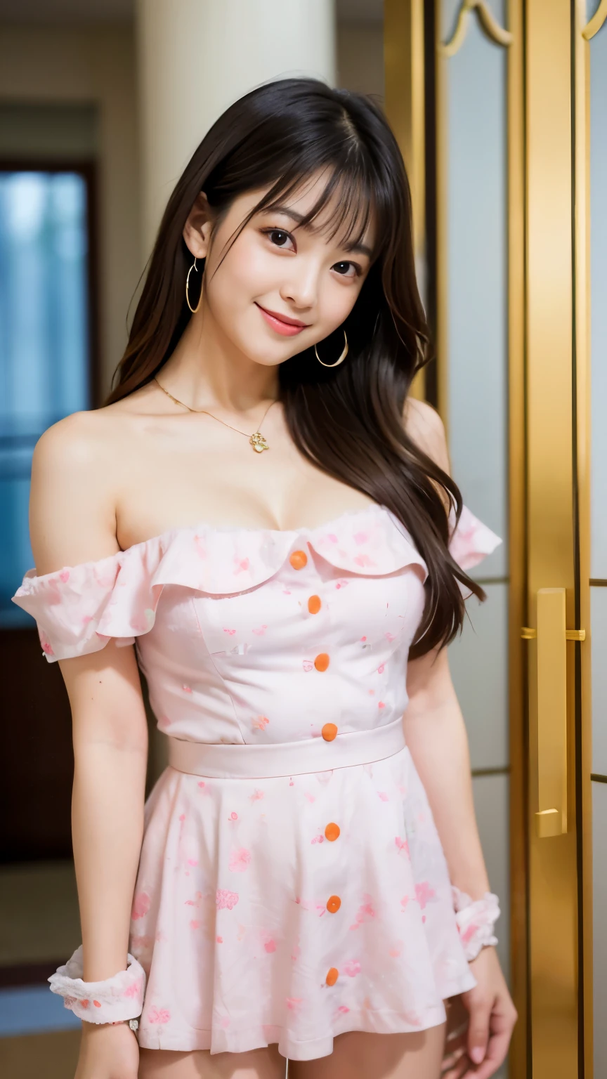 Best-quality, Masterpiece, Ultra-High-Resolution, (Photorealistic:1.4), Raw-Photo, 1girl, the most famous Japanese idol, at luxury-hotel-entrance, wearing spring-clothes, (extremely cute face like the most popular Japanese idol, (extremely beautiful big-eyes)), extremely beautiful hair, extremely beautiful skins, extremely beautiful long-eyelashes, extremely beautiful lips, extremely beautiful short-body, extremely beautiful thighs, innocent-smile, looking at viewer, detailed luxury-hotel-entrance