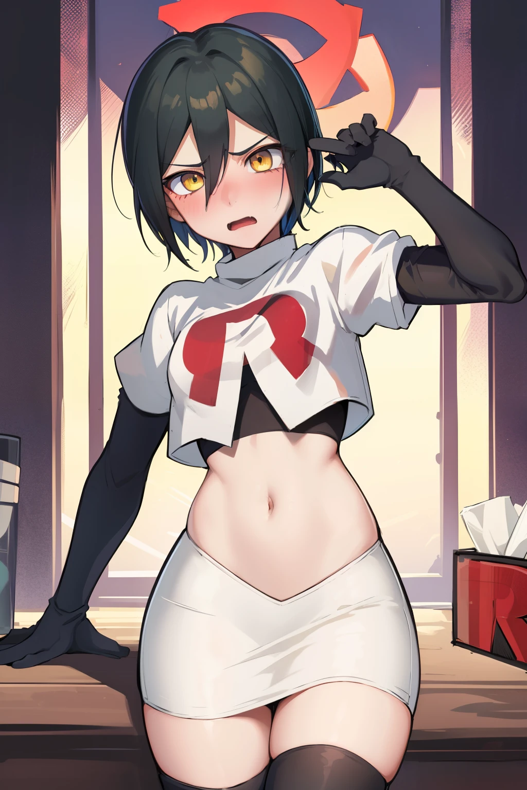 absurdres, cowboy shot, solo, male focus, trap, 1boy, crossdressing,1boy, saihara shuichi, yellow eyes,looking at viewer, team rocket,team rocket uniform,white skirt,red letter R,crop top,black thigh-highs,black elbow gloves, embarrassed, blush