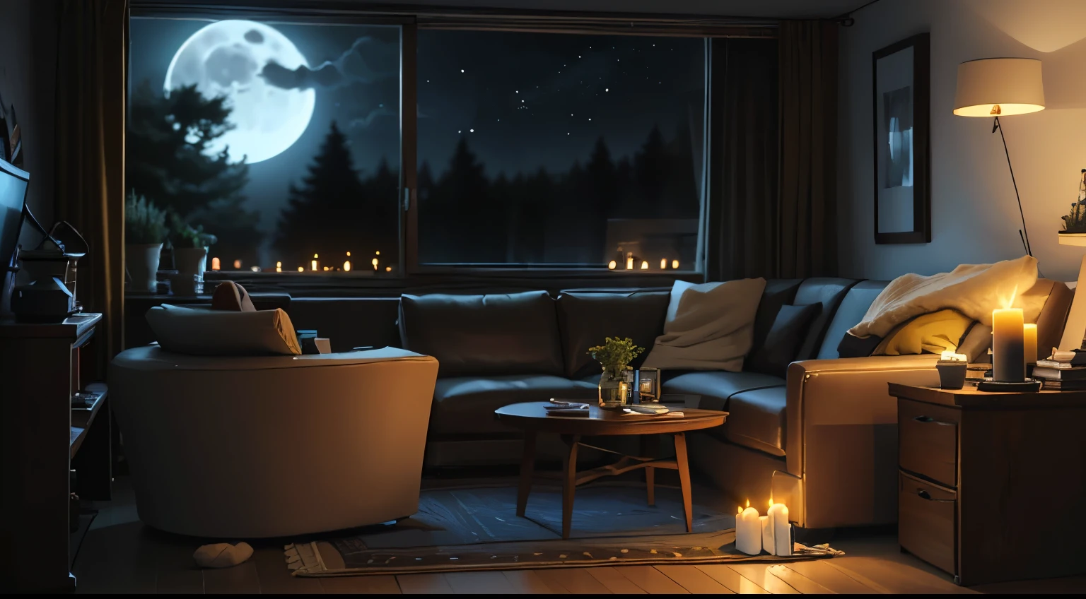 Aarfed view from the living room with sofa and table, cozy home background, cozy atmosphere, night with moon and candles, cozy place, cozy peaceful atmosphere, dream of a moonlit night Atmosphere, cozy atmosphere, full moon night, moon light, cozy atmosphere, cozy and calm, cozy living room background, there is delicious food on the table
