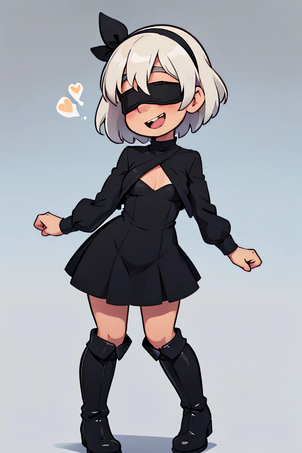 Shy girl with huge chest and short white hair and head with a black blindfold and happy mouth and wearing a black dress with an open neck and a pair of black boots.. 