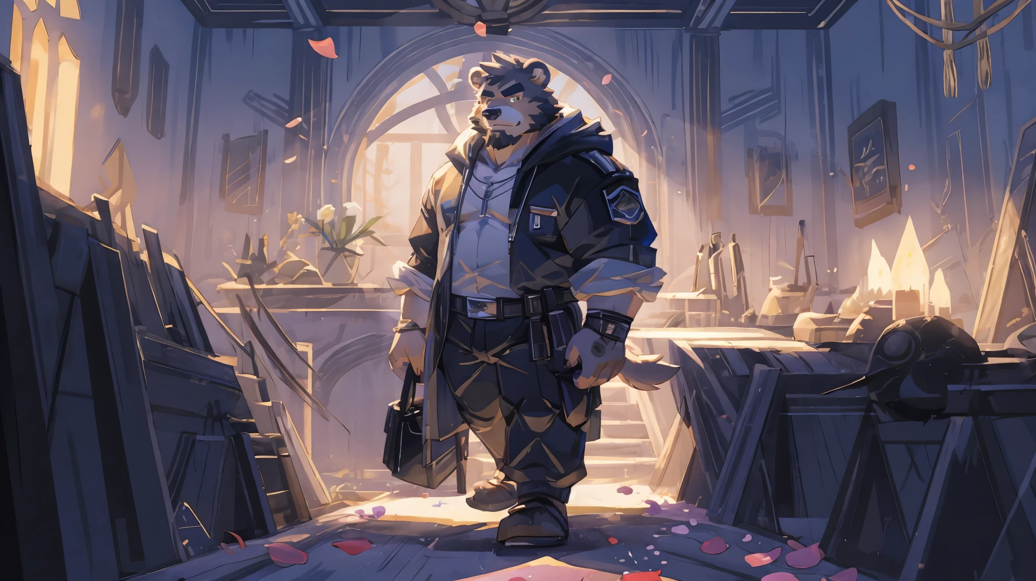 (masterpiece:1.2), best quality,pixiv,official art,(Ray tracing, light), (flower petal in the sky :1.3), (1_male:1.3), (solo:1.2) , portrait , (muscle), (gray fur:1.4), (muscle bear), (bear tail), (beard:1.2), (gleaming golden eyes), Thick eyebrows, open hoodie, naked inside, cargo shorts , indoor, bedroom , french window