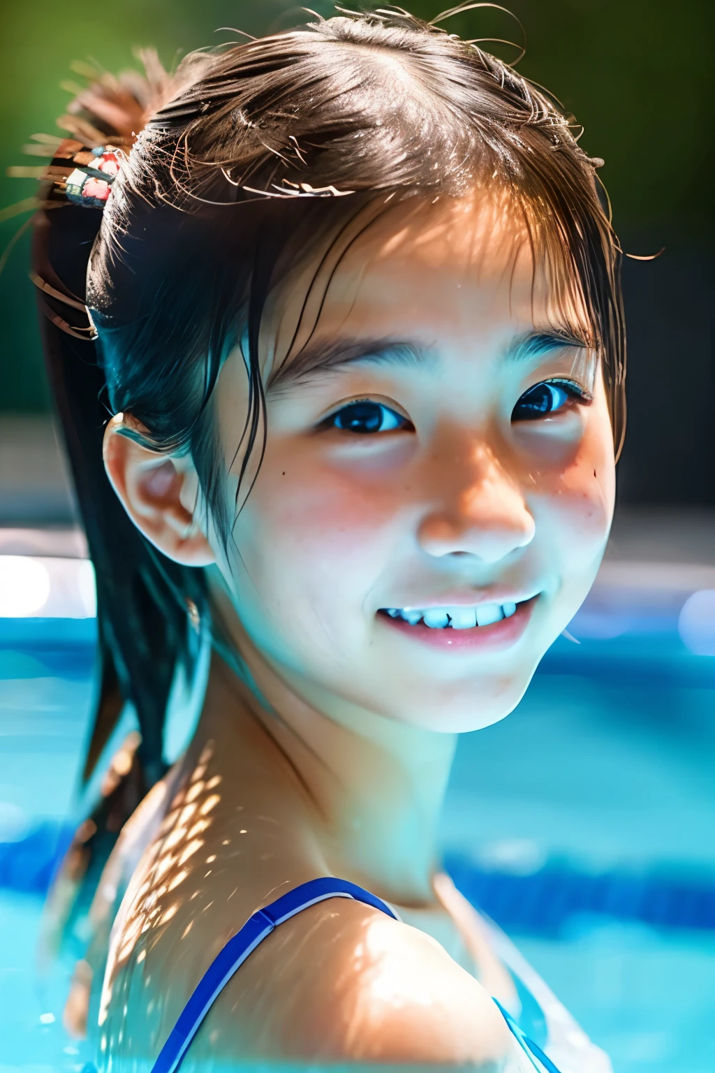 9 year old asian kids, Wearing a one-piece swimsuit, Swimming in the pool, Cute expression, smile, Vibrant, Chubby, sporty, Sweaty, Surrealism, Surrealism, Cinema Lighting, Motion Blur, Ray Tracing, 超High resolution, Accurate, Anatomically correct, Smooth Skin, Super Detail, Attention to detail, high quality, 最high quality, High resolution, 4K  